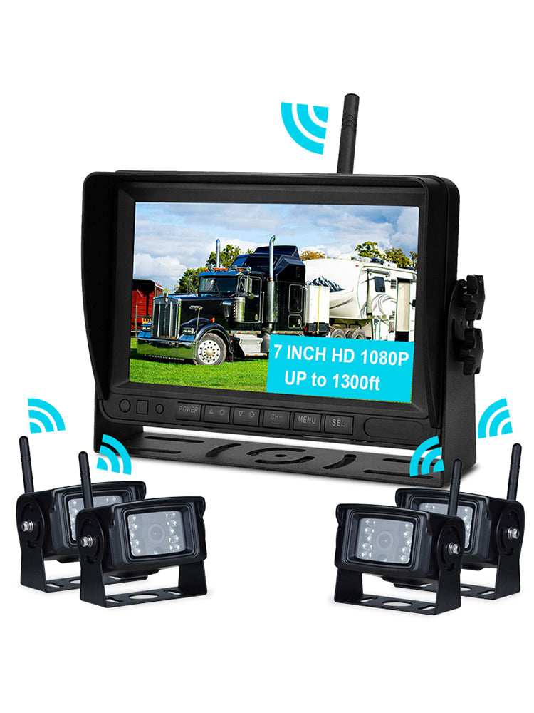 7" Truck Trailer 1080P Display 4CH Rear View Backup Camera Wireless AHD Kit