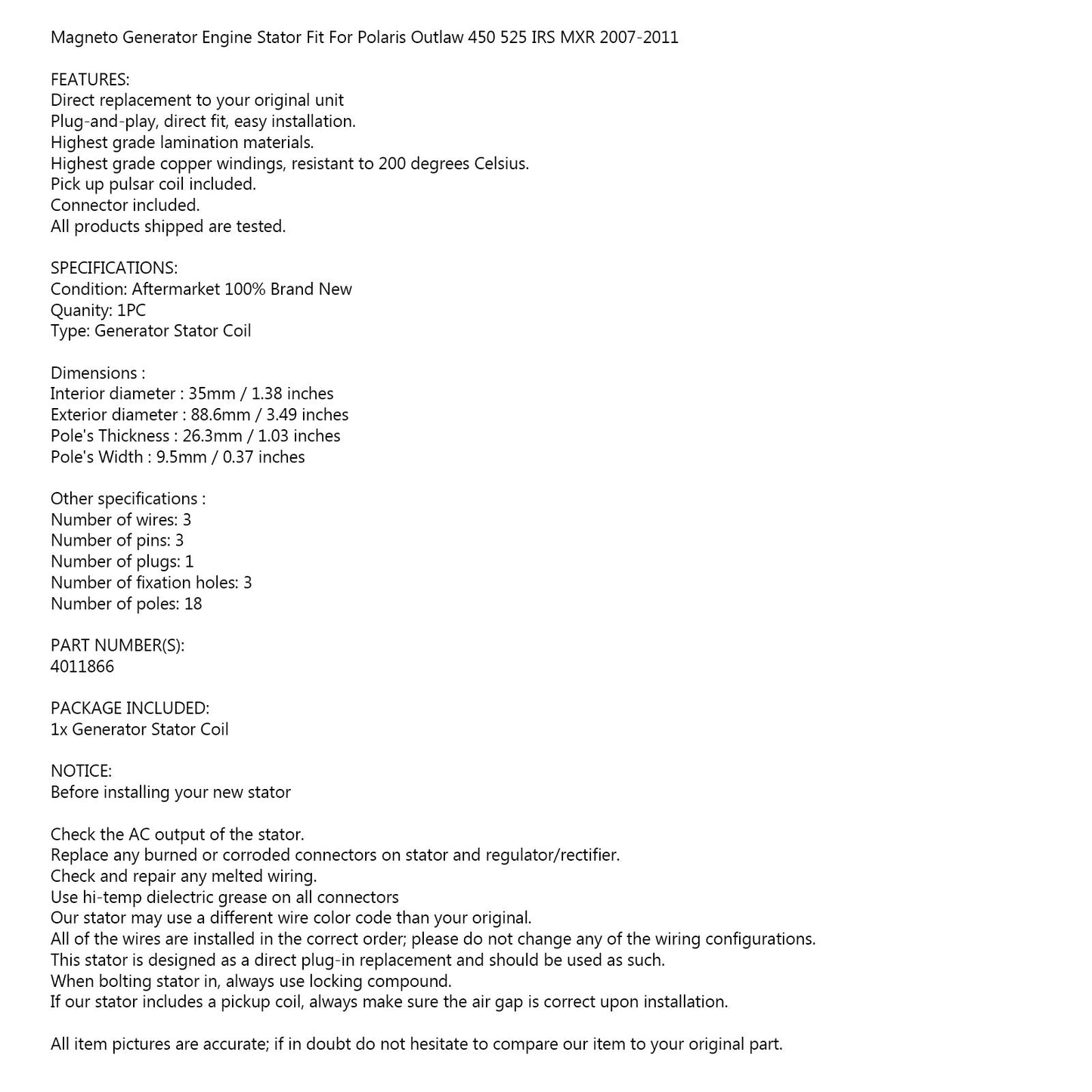 Stator Generator Fit for Polaris Outlaw 450 525 MXR IRS S MXR 2007-2011 4011866