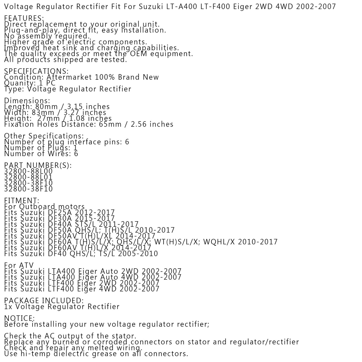 Regulator Rectifier for Suzuki LTA400 LT-A400 Eiger 2WD 4WD 02-07 #32800-38F10