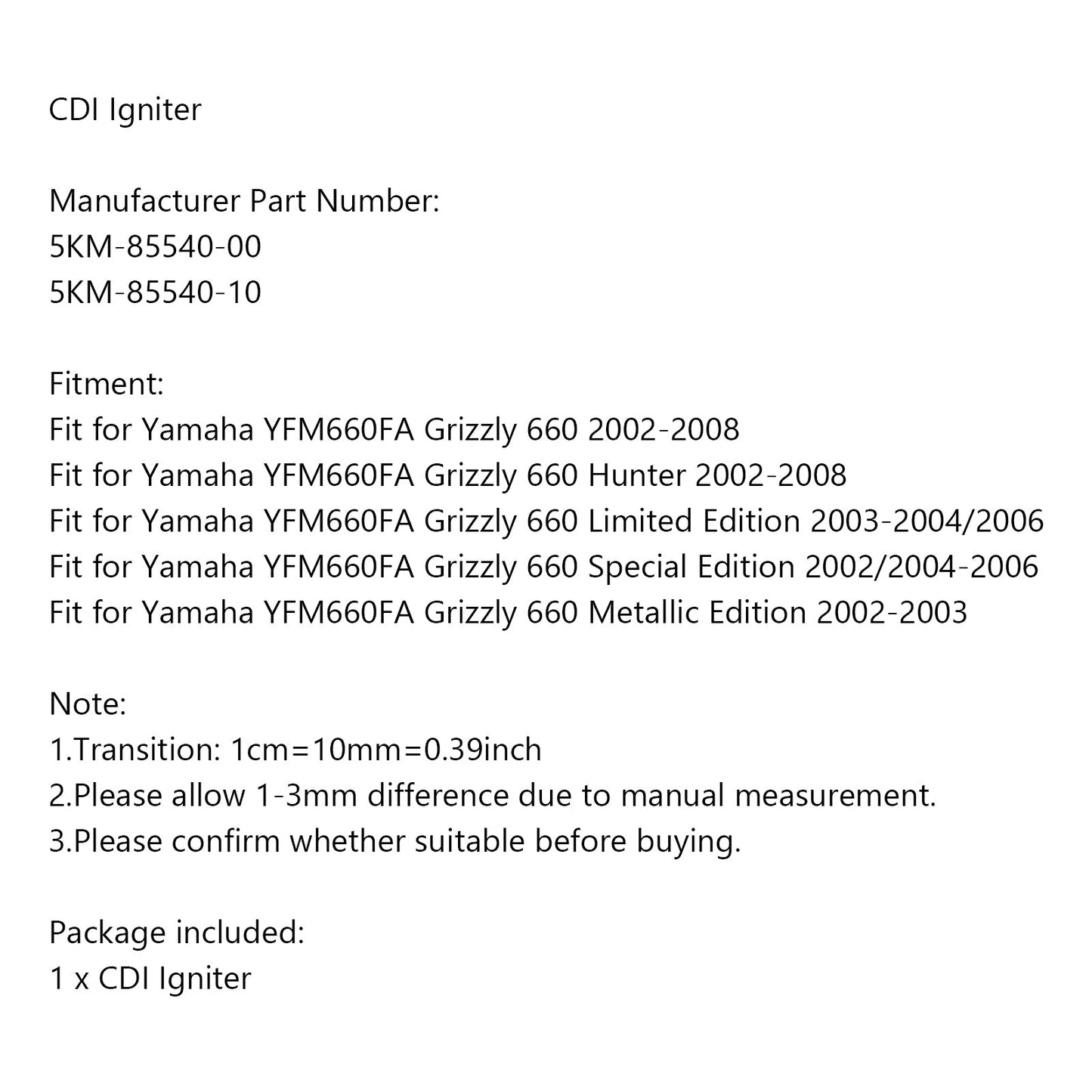 CDI Igniter fit for Yamaha YFM660FA Grizzly 660 2002-2008 5KM-85540-00