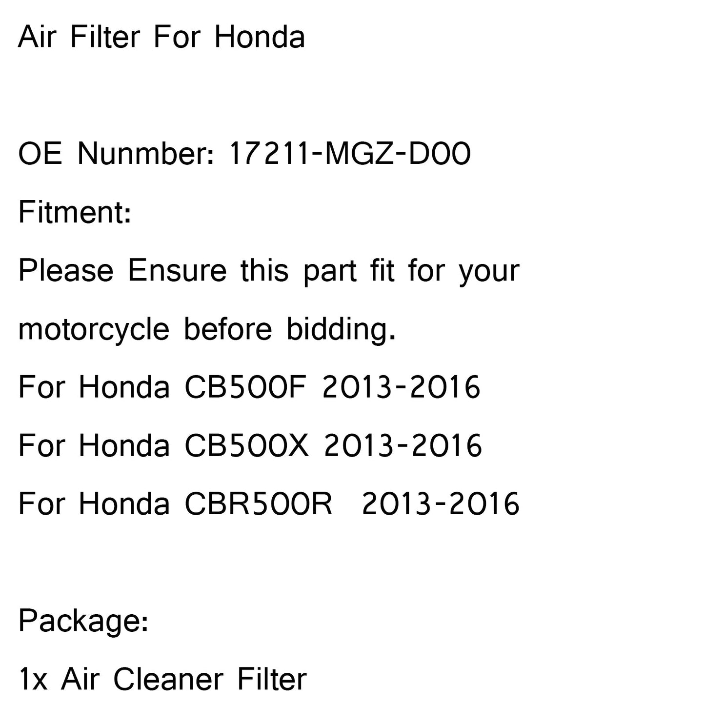 Air Filter Cleaner For Honda CB500X CB500F CBR500R 2013-2016 P/N.17211-MGZ-D00