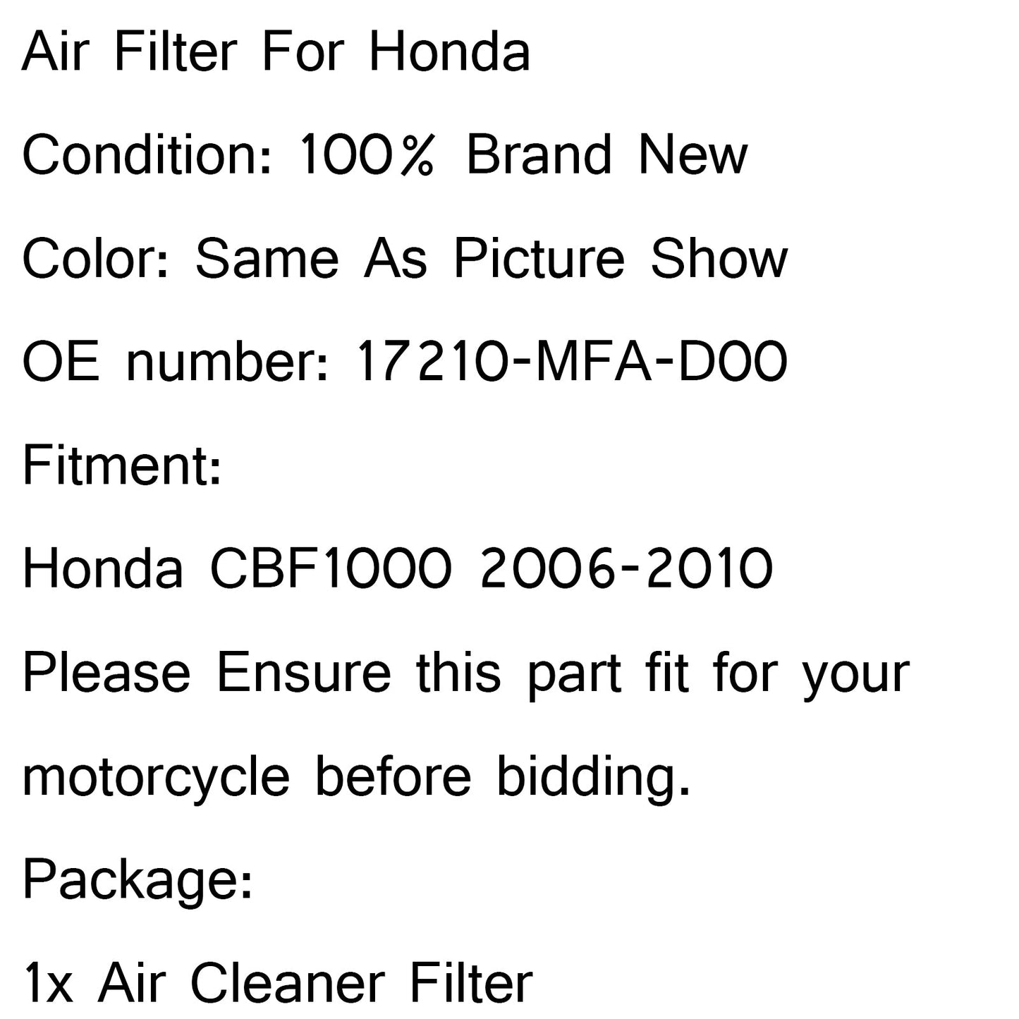 Air Filter Intake Drop In Cleaner For Honda CBF1000 2006-2010 P/N.17210-MFA-D00