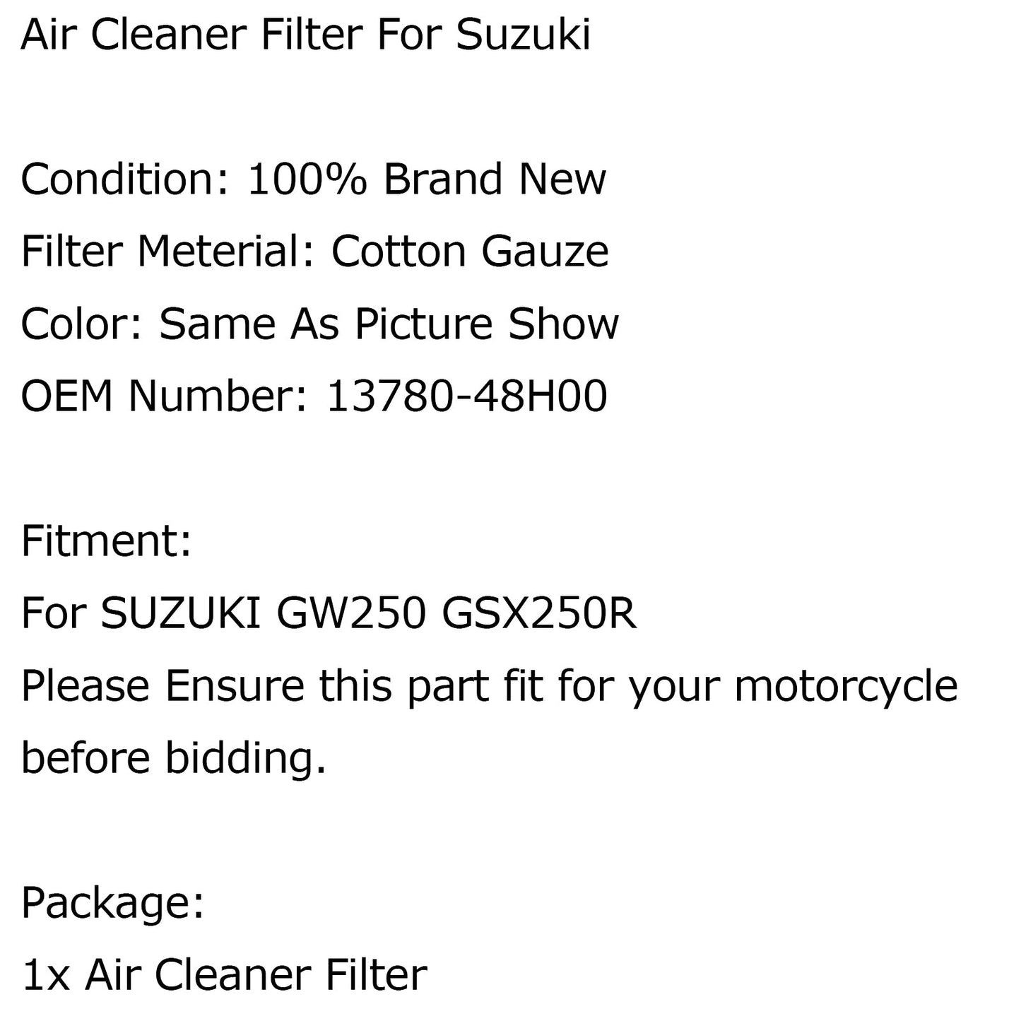 Suzuki GW250 GSX250R High Flow Replacemen Air Filter Cleaner Element 13780-48H00