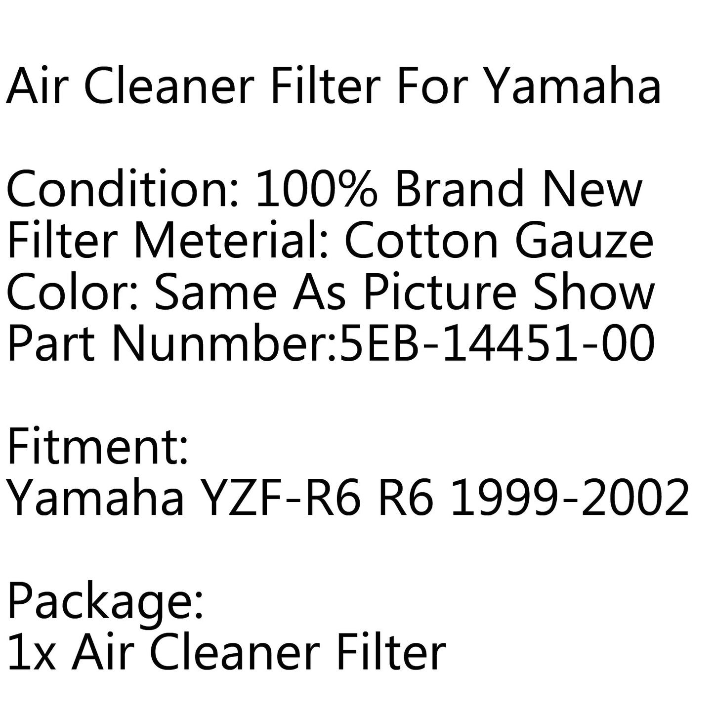 Air Filter Cleaner Element 5EB-14451-00 For Yamaha YZF-R6 R6 1999-2002 2001