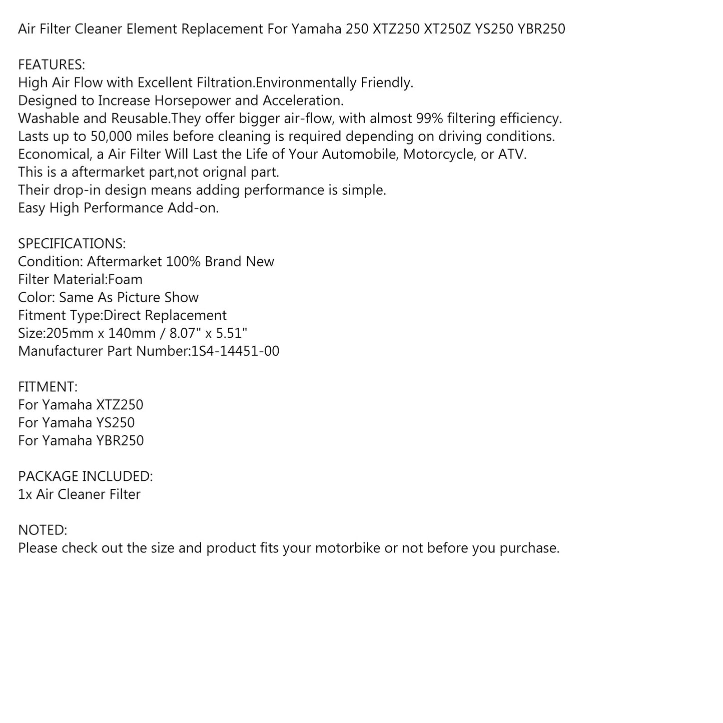 Foam Air Filter Cleaner Element For Yamaha XTZ250 YBR250 YS250 1AE-14451-00