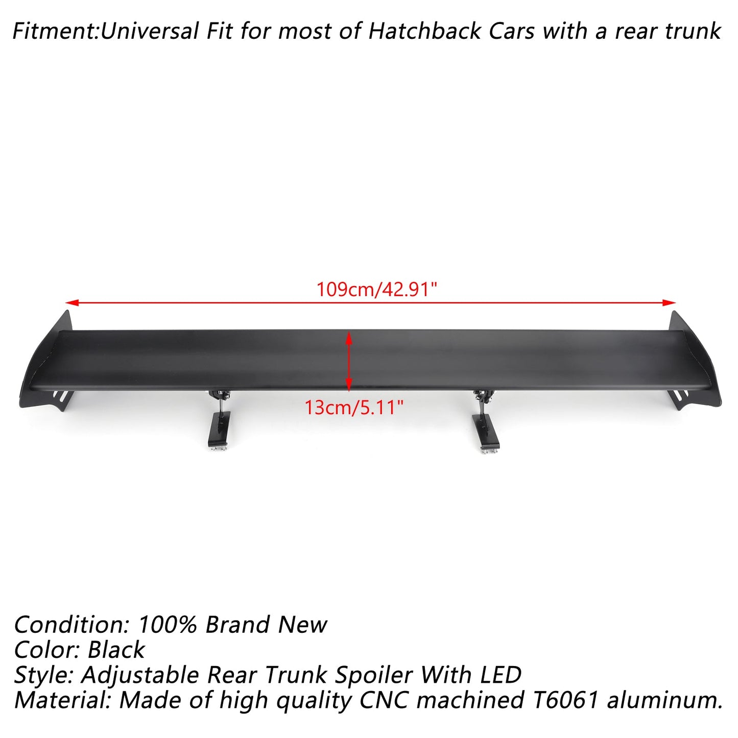 Universal Hatch Adjustable Aluminum Rear Trunk Wing Racing Spoiler With LED Generic