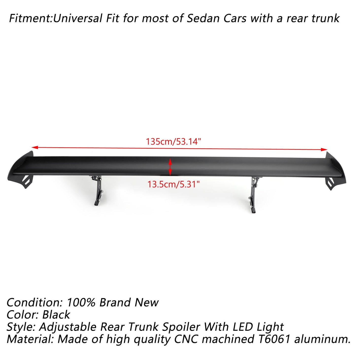 Universal Sedan Adjustable Aluminum Rear Trunk Wing Racing Spoiler With LED