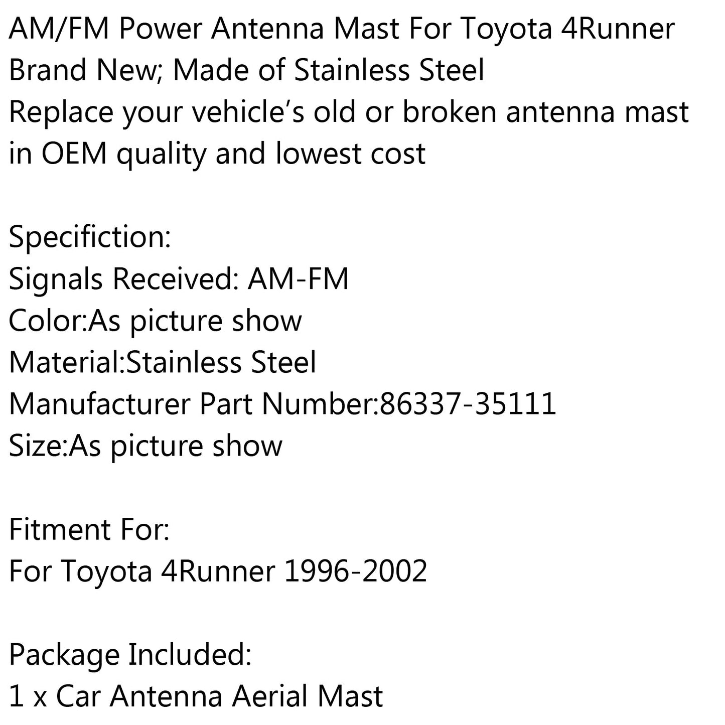 Power Antenna Aerial Mast Replacement Cord 86337-35111 For Toyota 4Runner 1996-2002