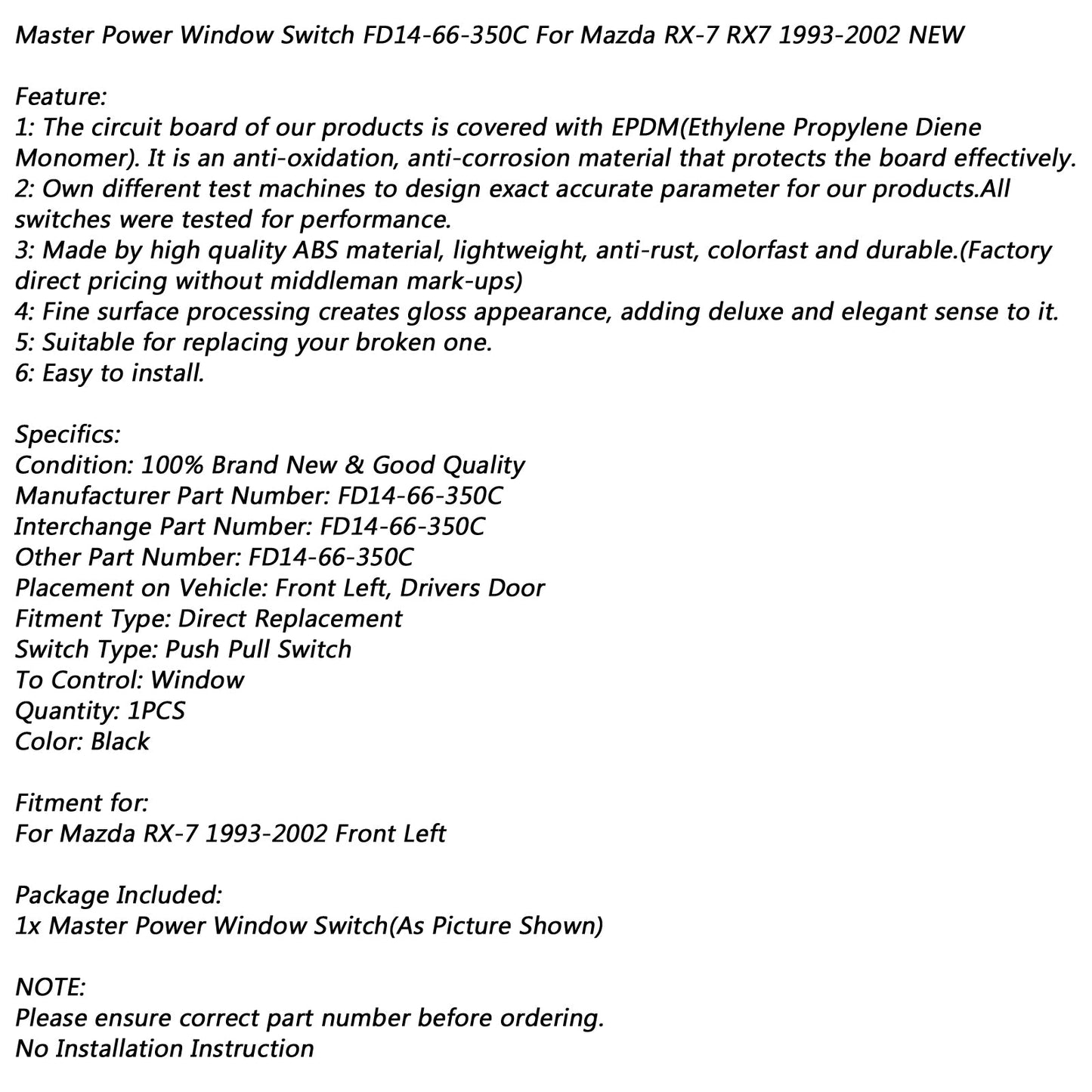 Master Power Auto Window Switch FD14-66-350C For Mazda RX-7 RX7 1993-2002 NEW Generic