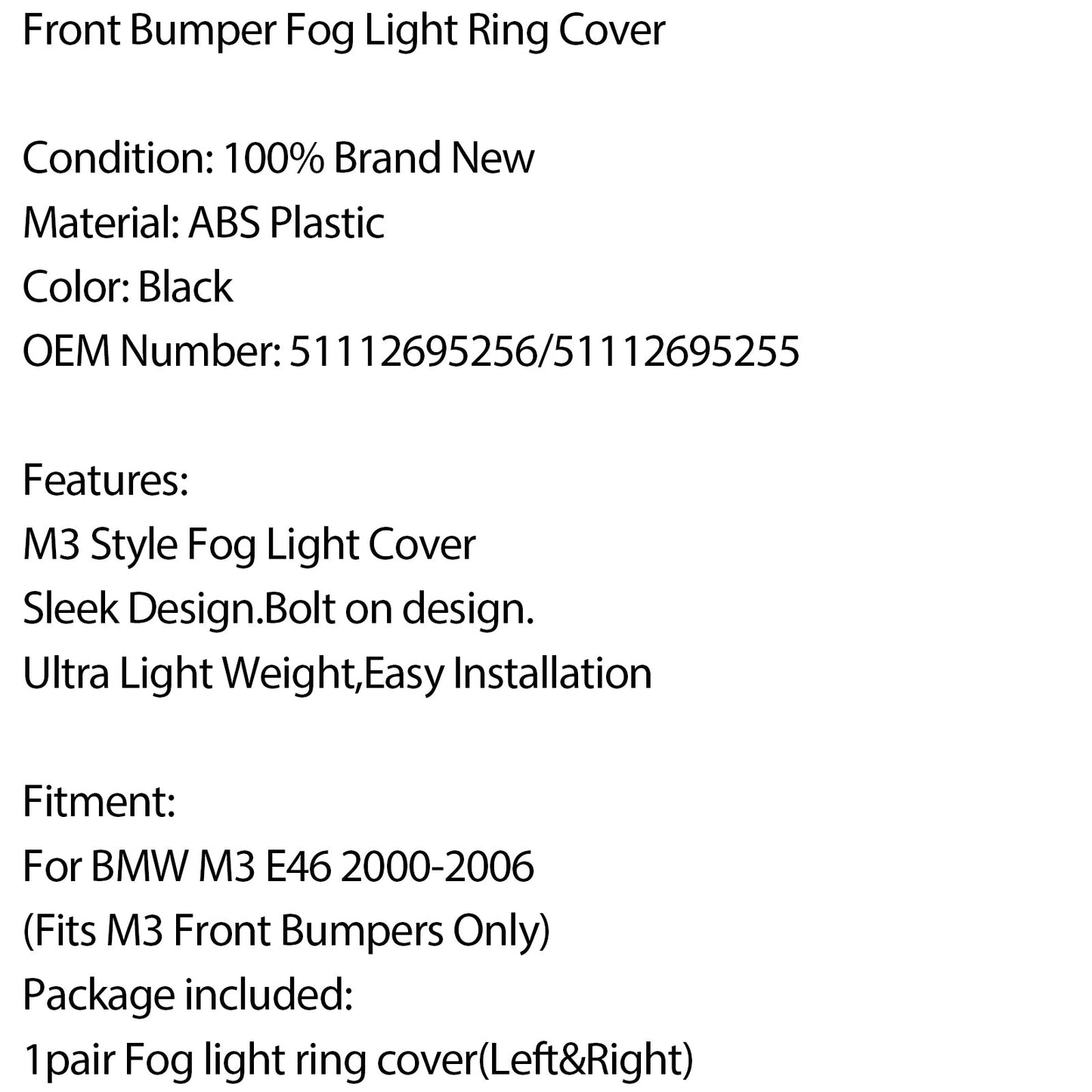 Front Bumper Fog Light Ring Cover Left&Right For BMW M3 E46 2000-2006 2003 Generic