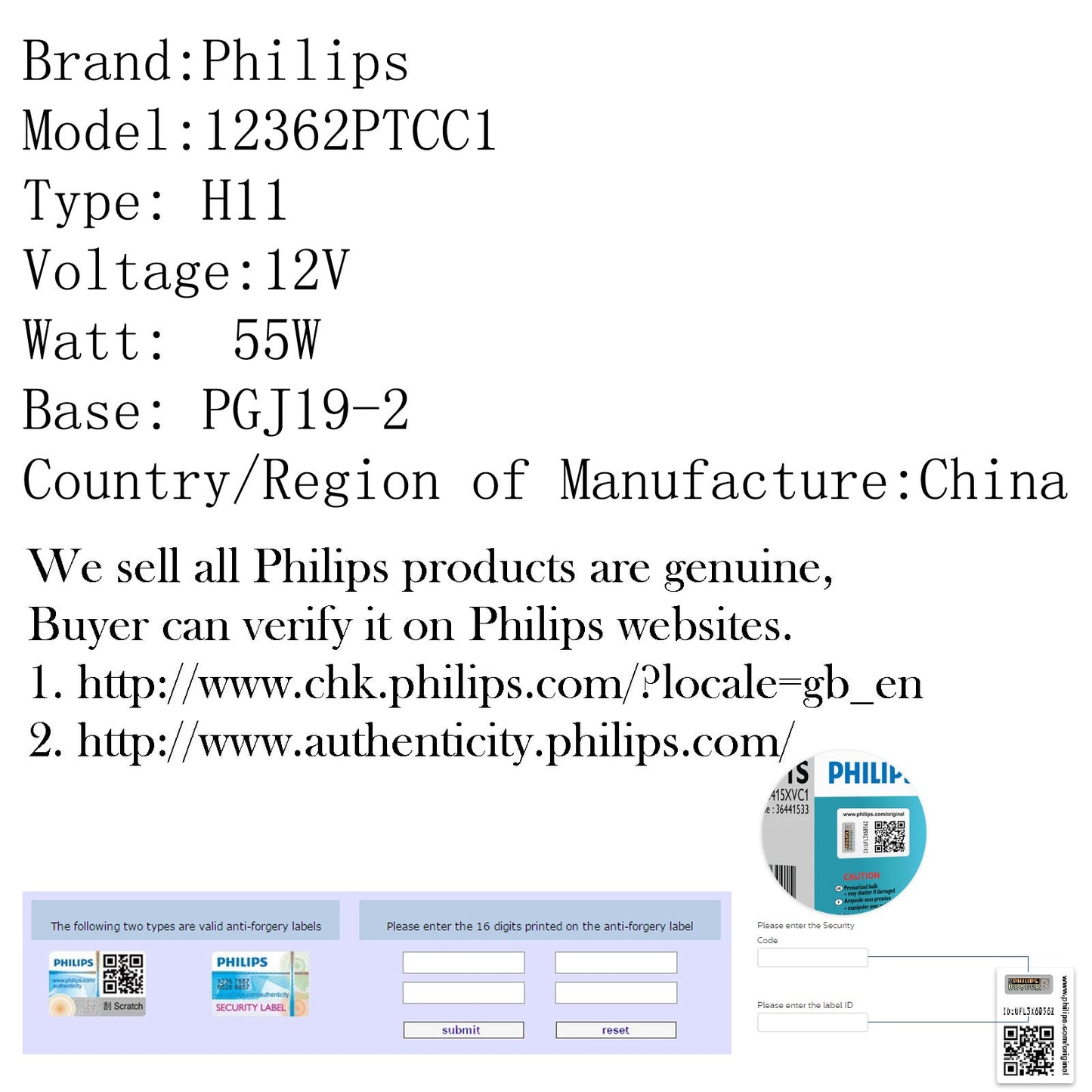 For Philips Original Quality Premium Vision H11 12V 55W Halogen Bulb Signaling lamp