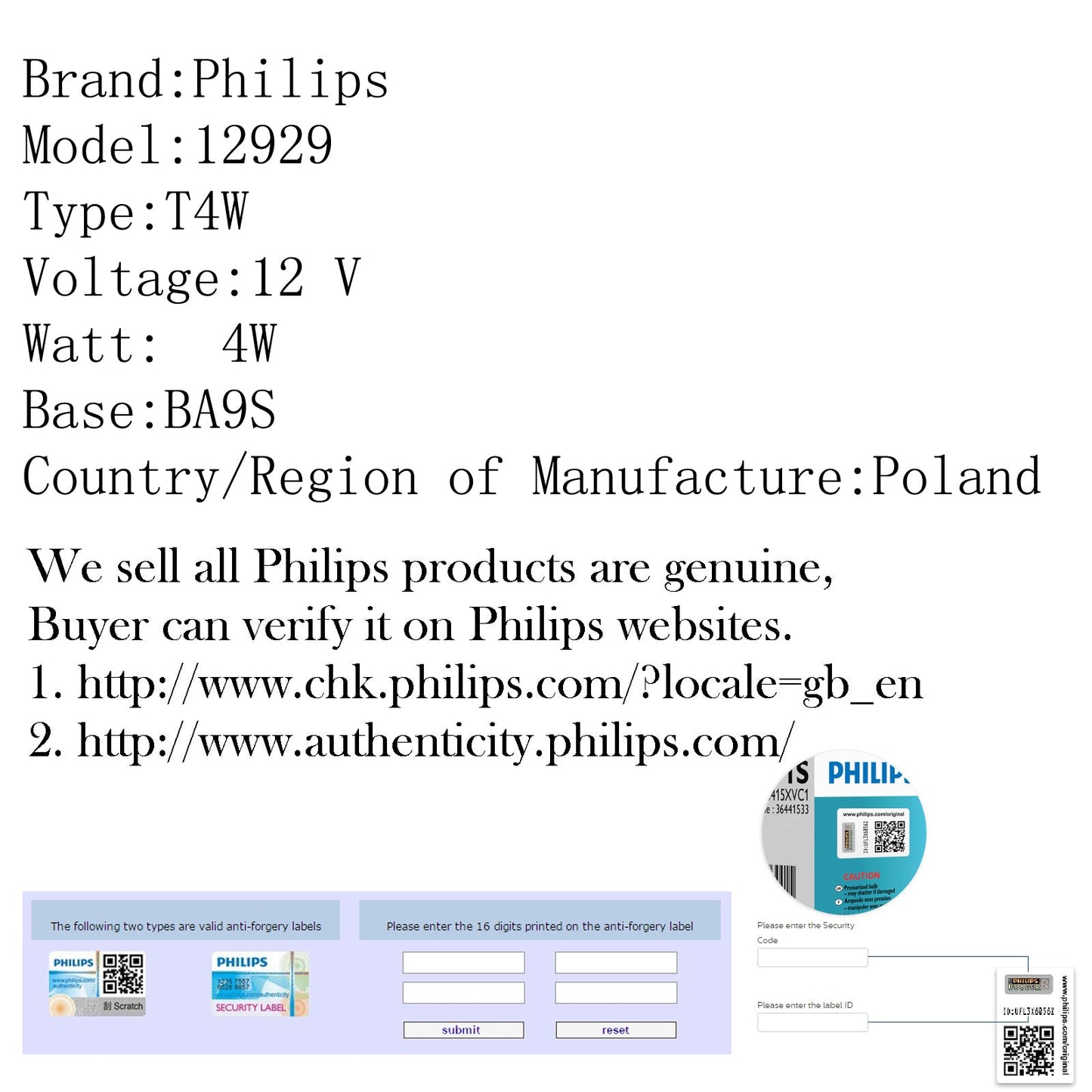 10PCS For Philips 12929 12V 4W T4W BA9s Premium Signaling Lamp Bulbs