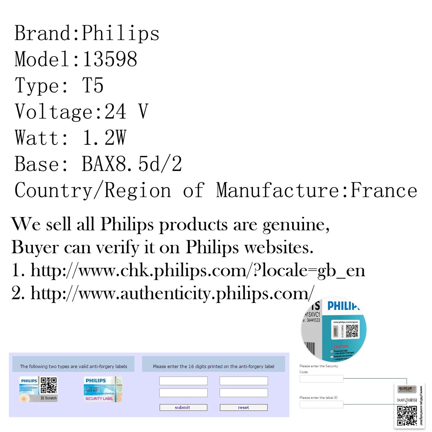 10pcs For Philips 13598 T5 24V 1.2W BAX8.5d/2 Grey Singnaling Lamp Bulbs