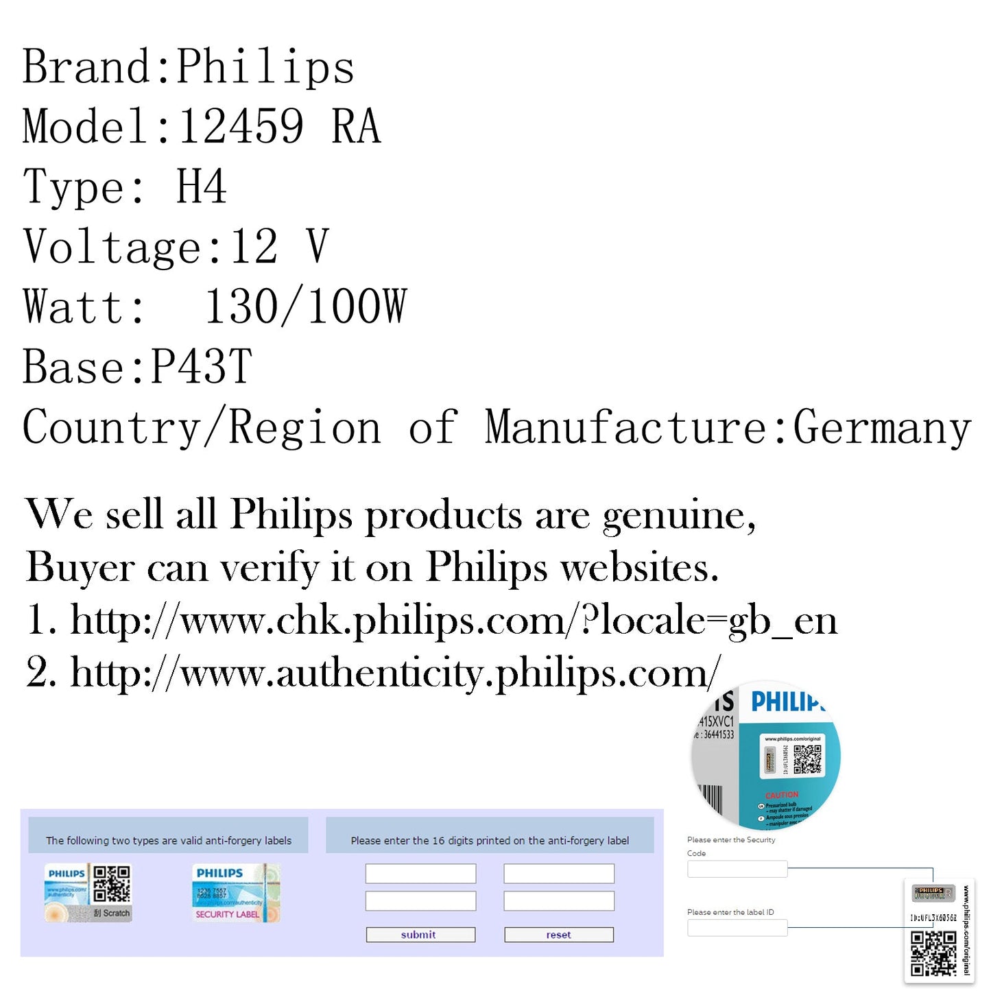 For Philips 12459 RA H4 12V 130/100W P43T 3200K For Car Headlamp Head light