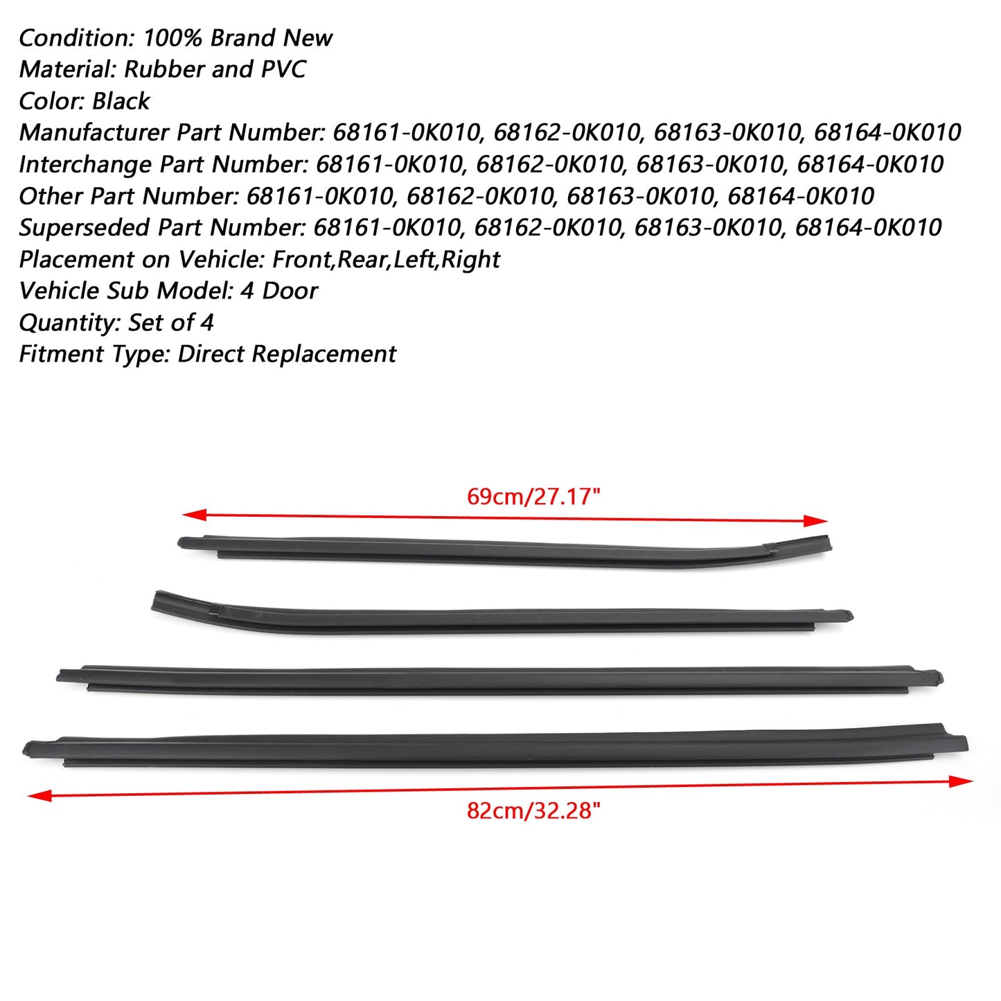 Window Glass Seals 4 Door Weatherstrip Fits Toyota Hilux SR5 V6 Pickup 2005-2015