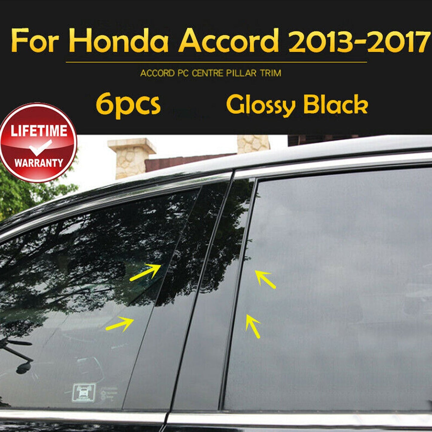6PCS Glossy Black Window Center Pillar Posts Trim Fits For Honda Accord 2013-2017