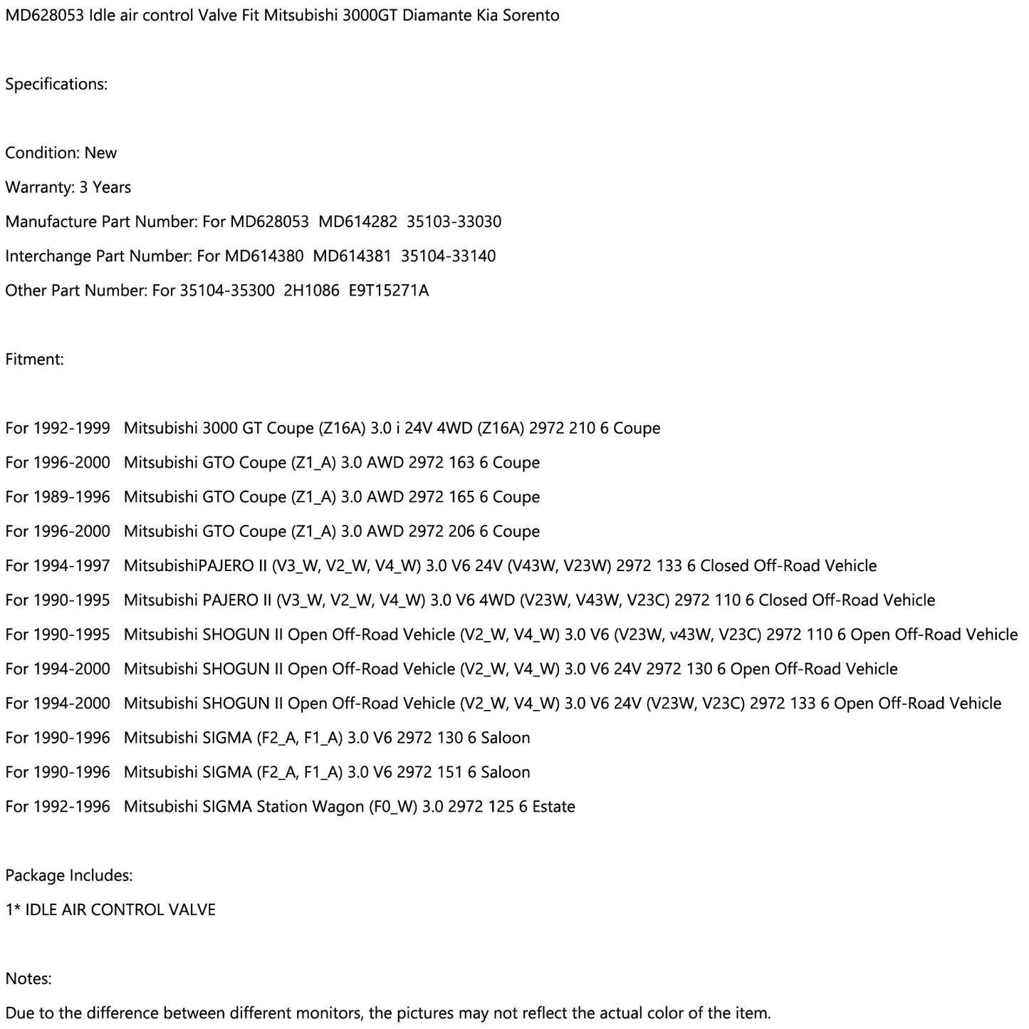 MD628053 Idle air control Valve Fit Mitsubishi 3000GT Diamante Kia Sorento