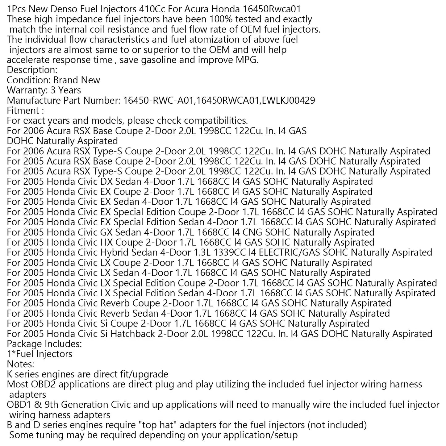 1PCS Fuel Injectors 16450RWCA01 Fit Honda Civic Fit Acura RSX W/Adapters 410CC