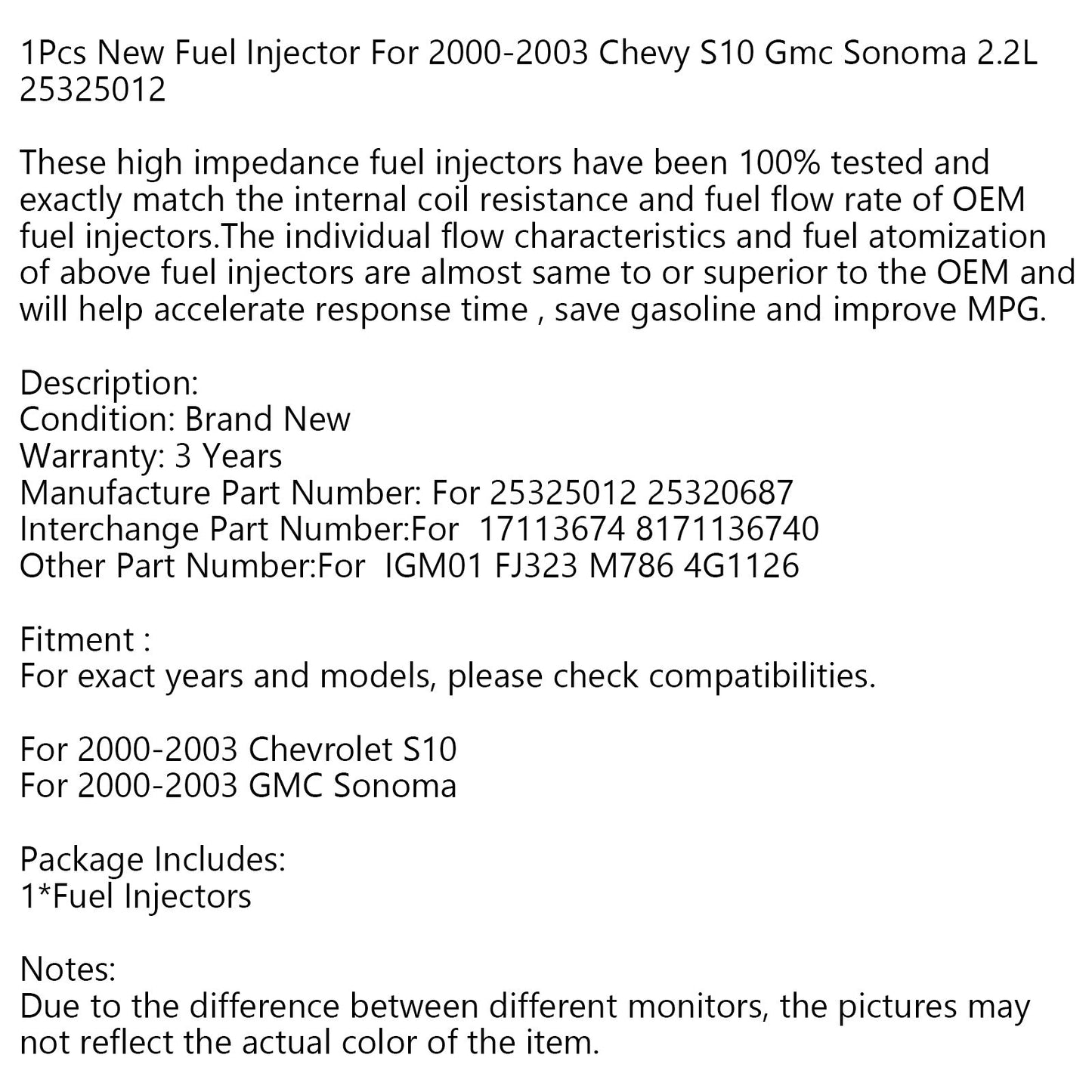 1PCS Fuel Injector 25325012 Fit Chevy S10 2000-2003 Fit GMC Sonoma 2.2L