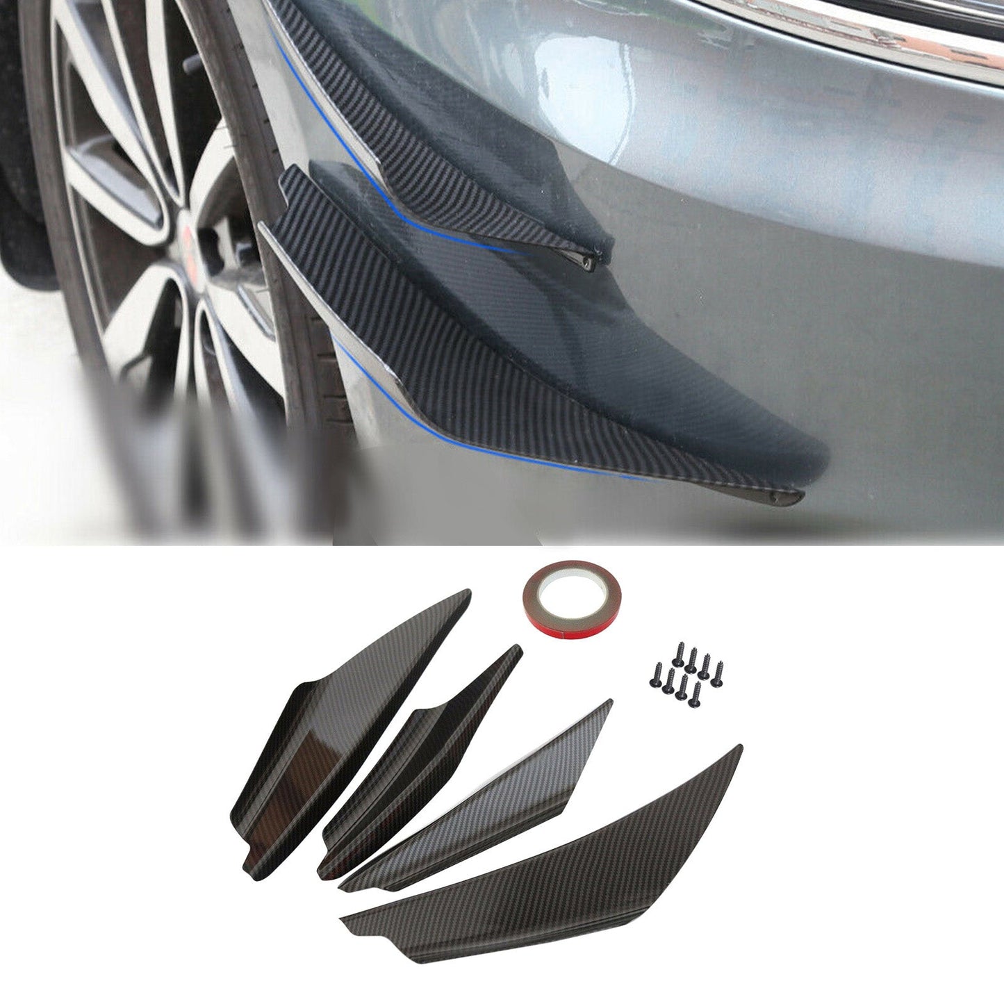 Universal Car Front Bumper Fins Body Splitter Spoiler Canards Carbon Fiber Look