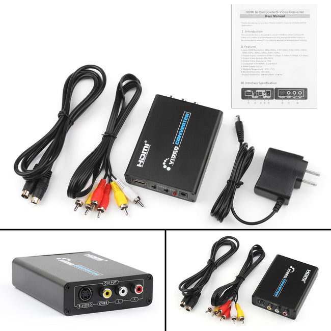 HDMI to 3 RCA AV+S-Video CVBS Composite R/L Audio 1080P Converter US Plug Power