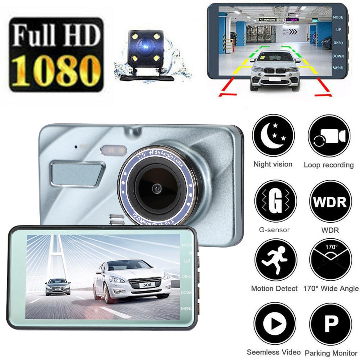 1080P Dash Cam HD Car Dashboard DVR Front + Rear Camera Video Recorder G-sensor