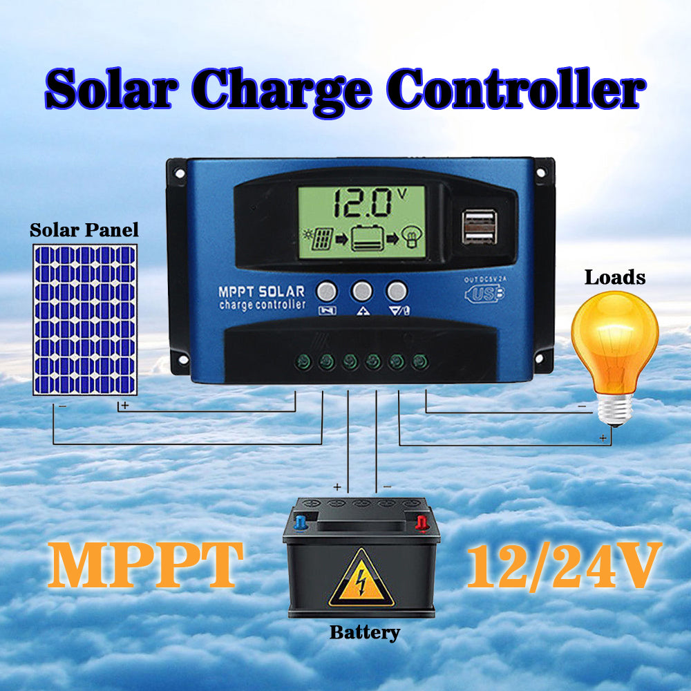 12V-24V,MPPT 30/40/50/60/100A Solar Panel Regulator Charge Controller Auto Focus Dual USB