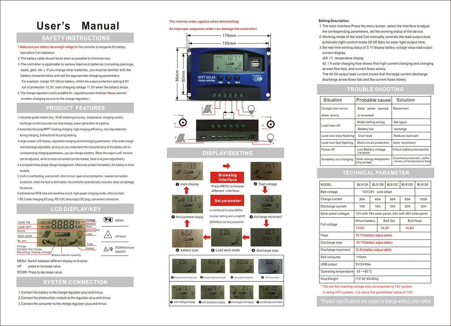 12V-24V,MPPT 30/40/50/60/100A Solar Panel Regulator Charge Controller Auto Focus Dual USB