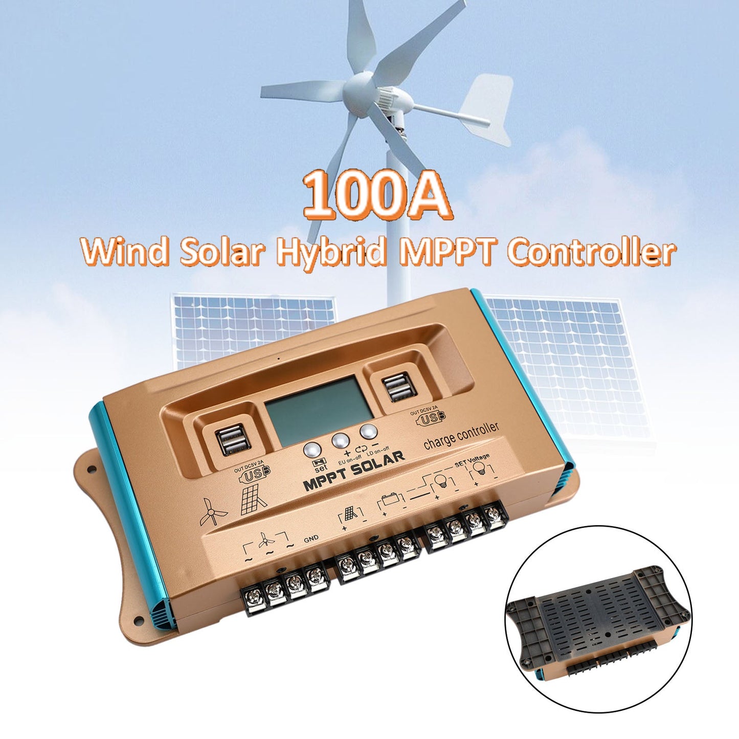 100A MPPT AUTO Dual USB Wind Solar Hybrid Charge Controller Charger 12V-60V