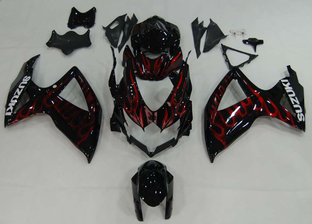 2008-2010 Suzuki GSXR600750 Amotopart Fairing Black Red Flame Kit