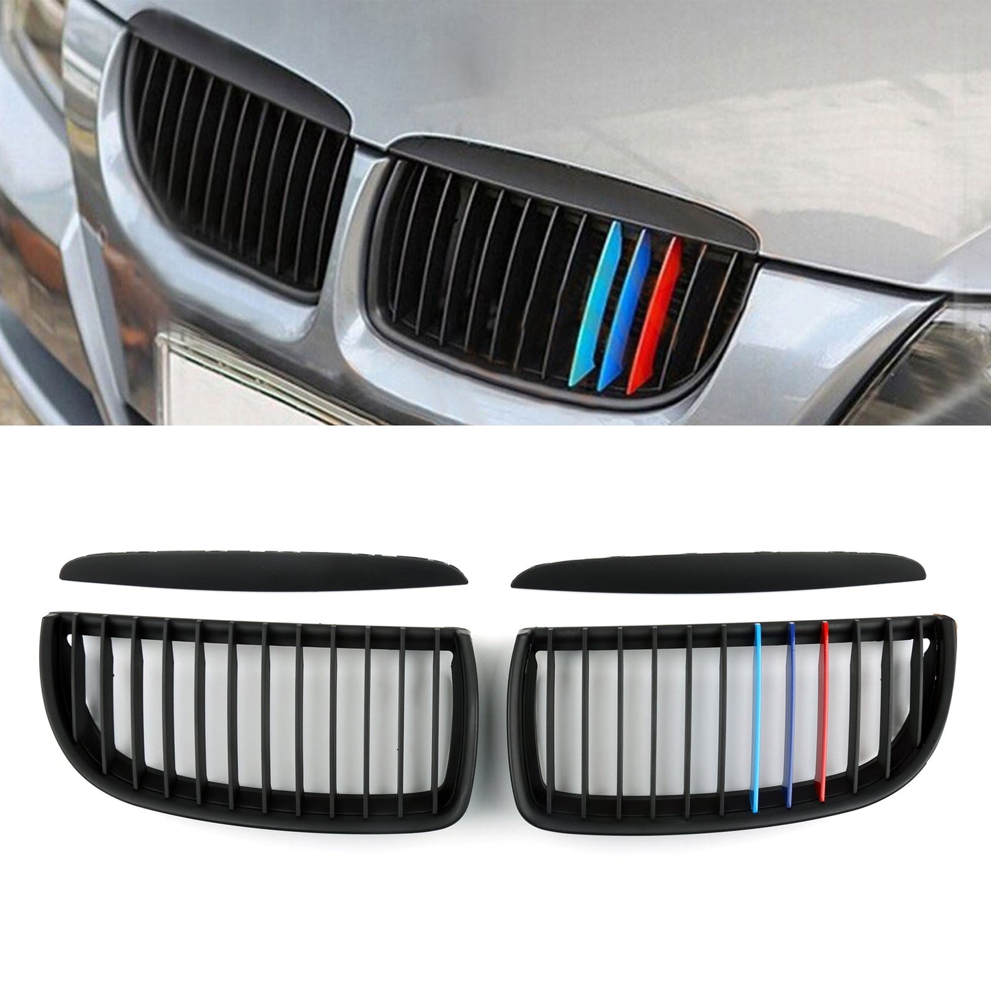 Front Kidney Grill Grilles L&R Gloss Black For BMW E90 3 Series Sedan 2005-2008