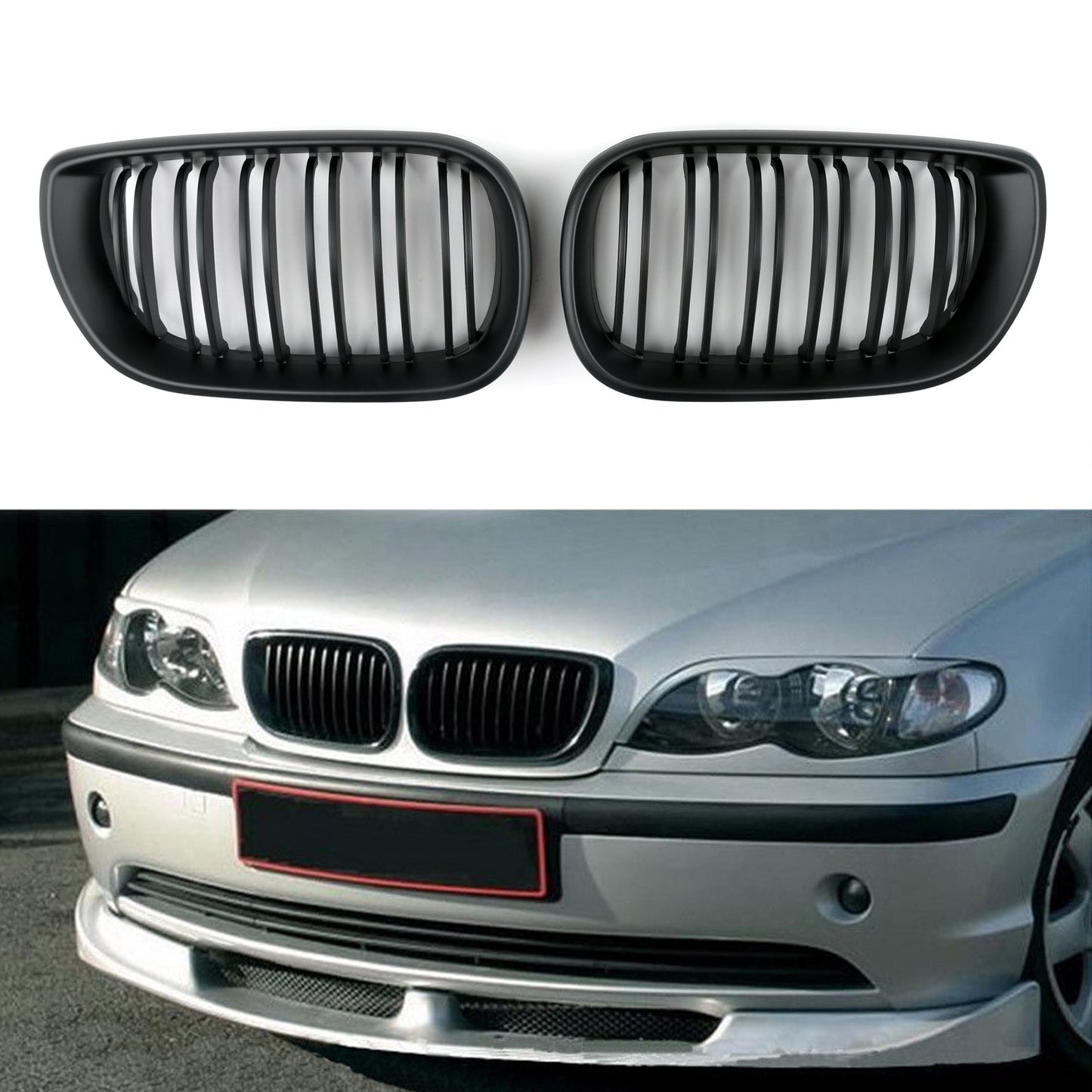 Front Gloss Blk Kidney Grills Grille Cover For BMW E46 3 Series 4Door 2002-2005