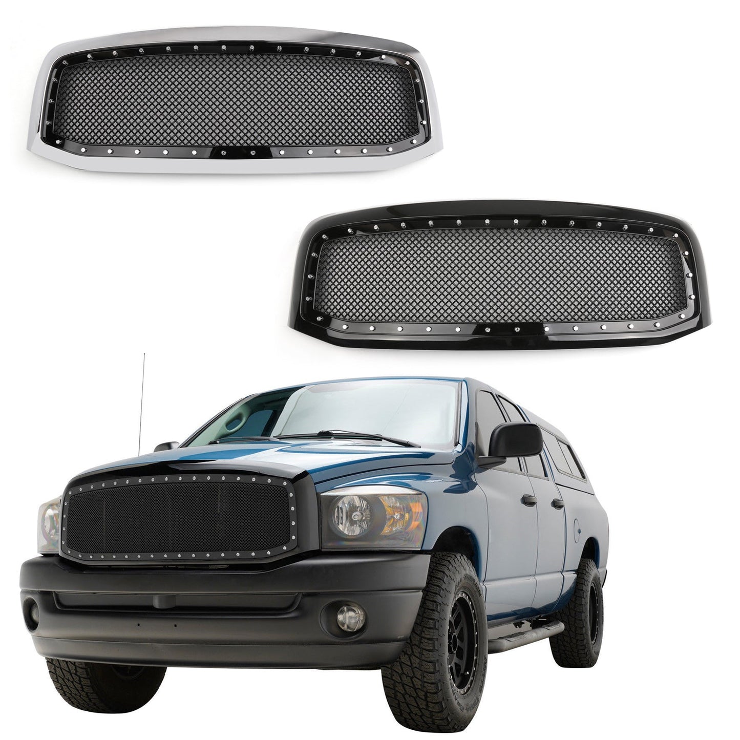 Mesh Style Front Hood Grille w/Chrome Rivet For 1500 2500 3500 06-08 BK