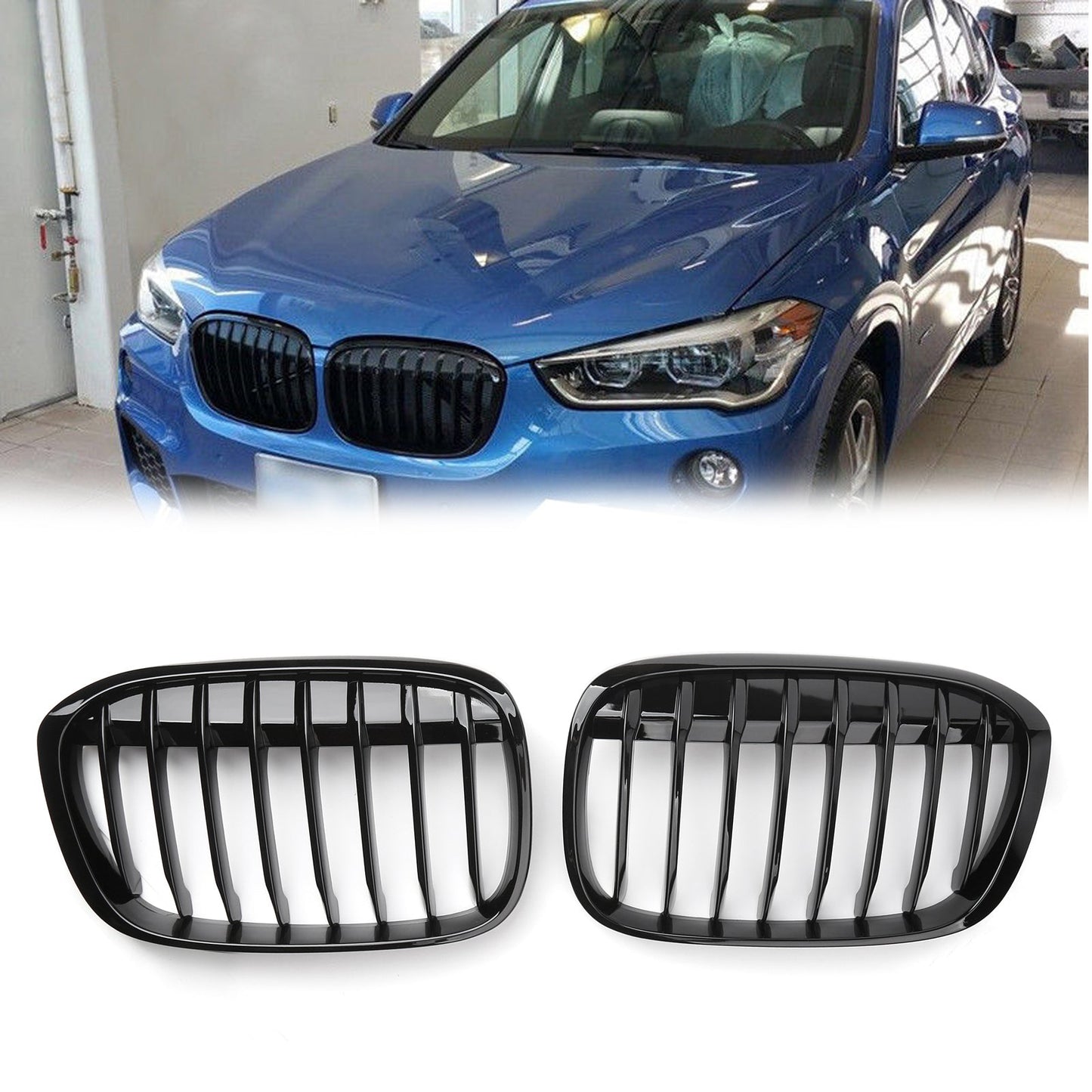 1 Pair Front Kidney Grille Grill For BMW 2016+ F48 F49 X1 X-Series Matte Black