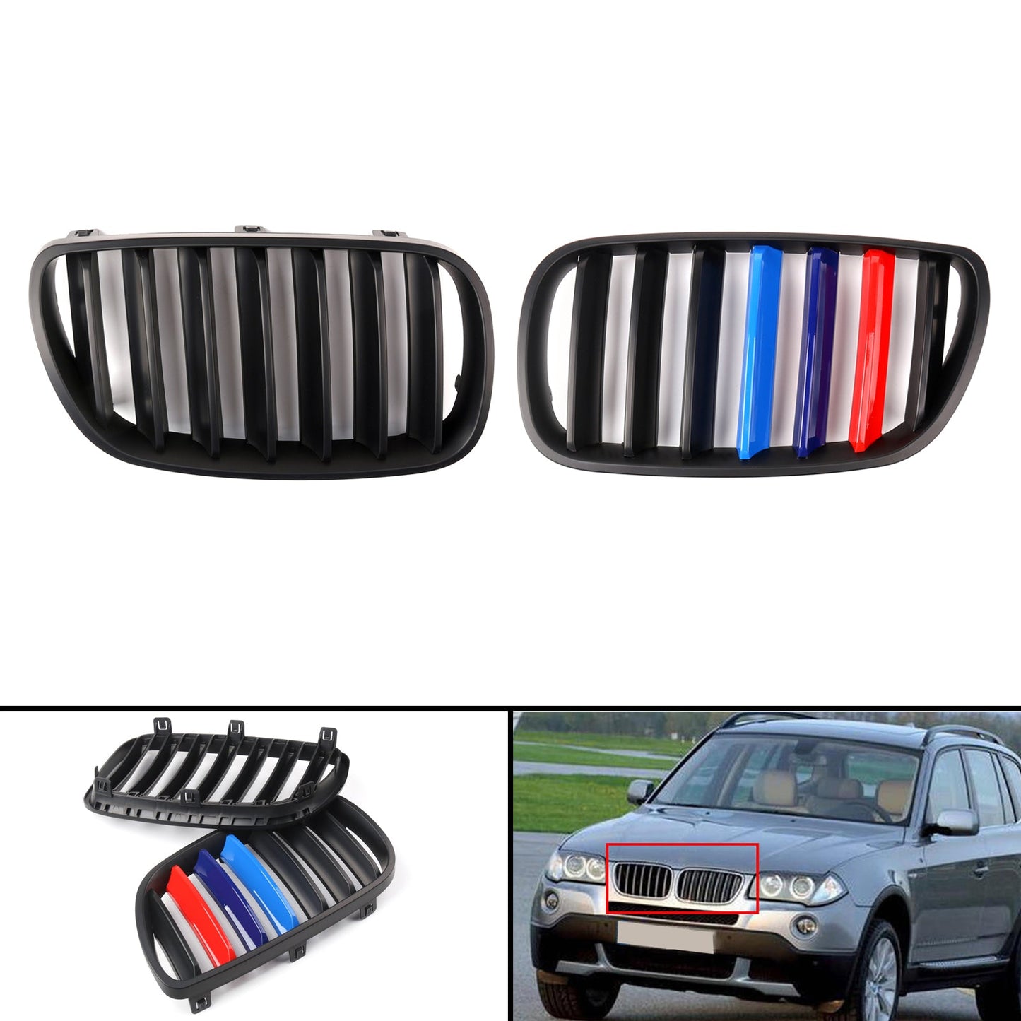 1 Pair Black Front Bumper Grille For BMW E83 X3 LCI Facelift 2007-2010 Generic