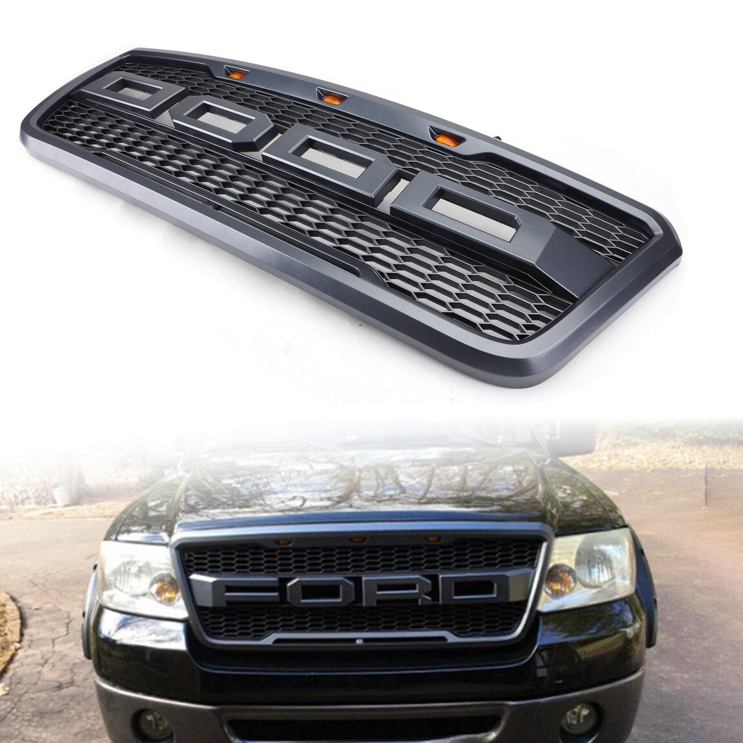 Ford F150 2004-2008 Front Mesh Hood Grill Grille with LED Raptor Style