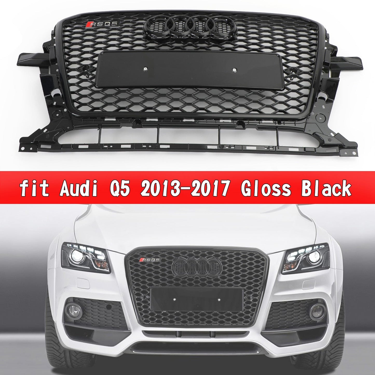 RSQ5 Style Honeycomb Mesh Sport Hex Grill fit Audi Q5 2013-2017 Gloss Black