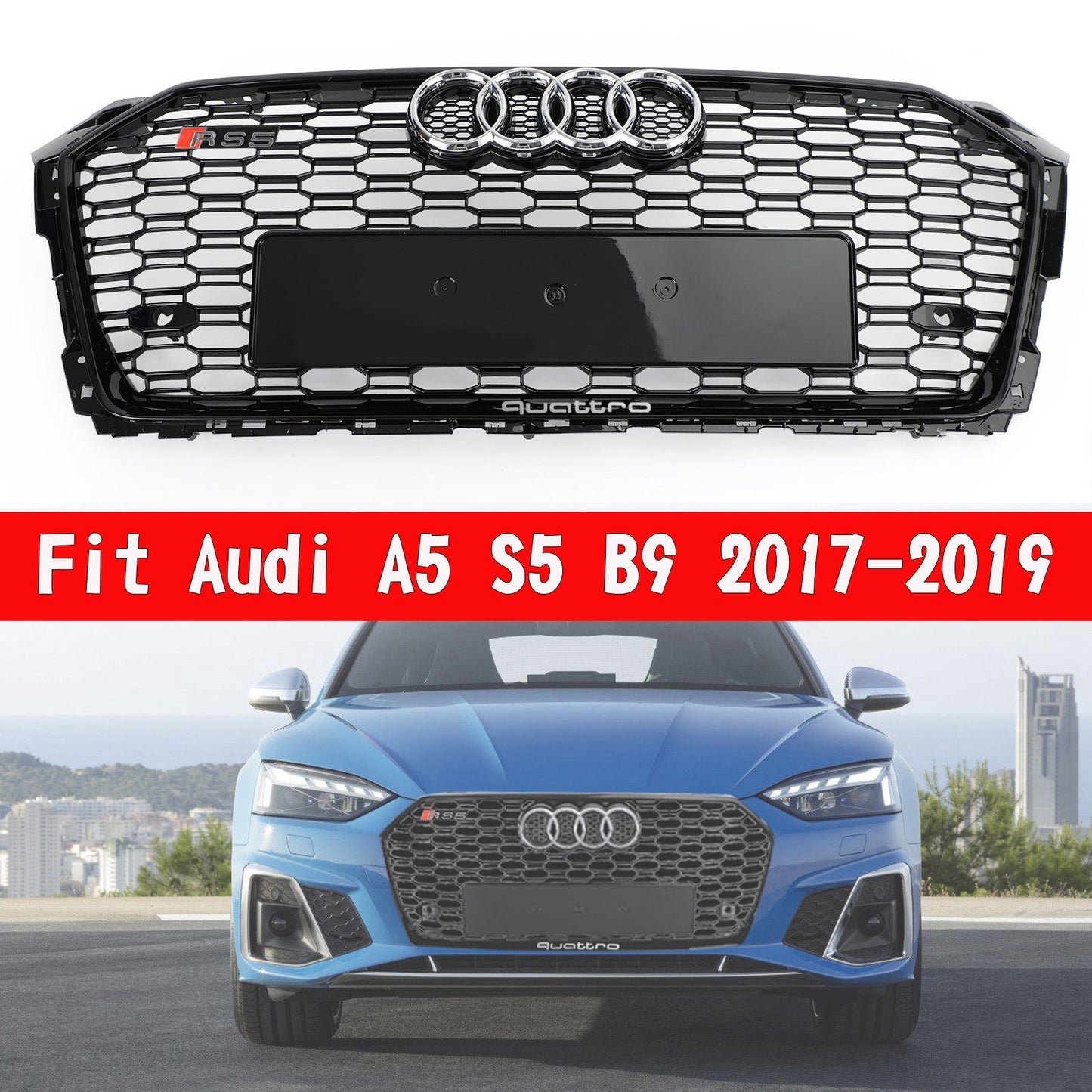 2017-2019 Audi A5 S5 B9 Honeycomb Grill Car Grille Grill RS5 Style Sport Mesh Hex
