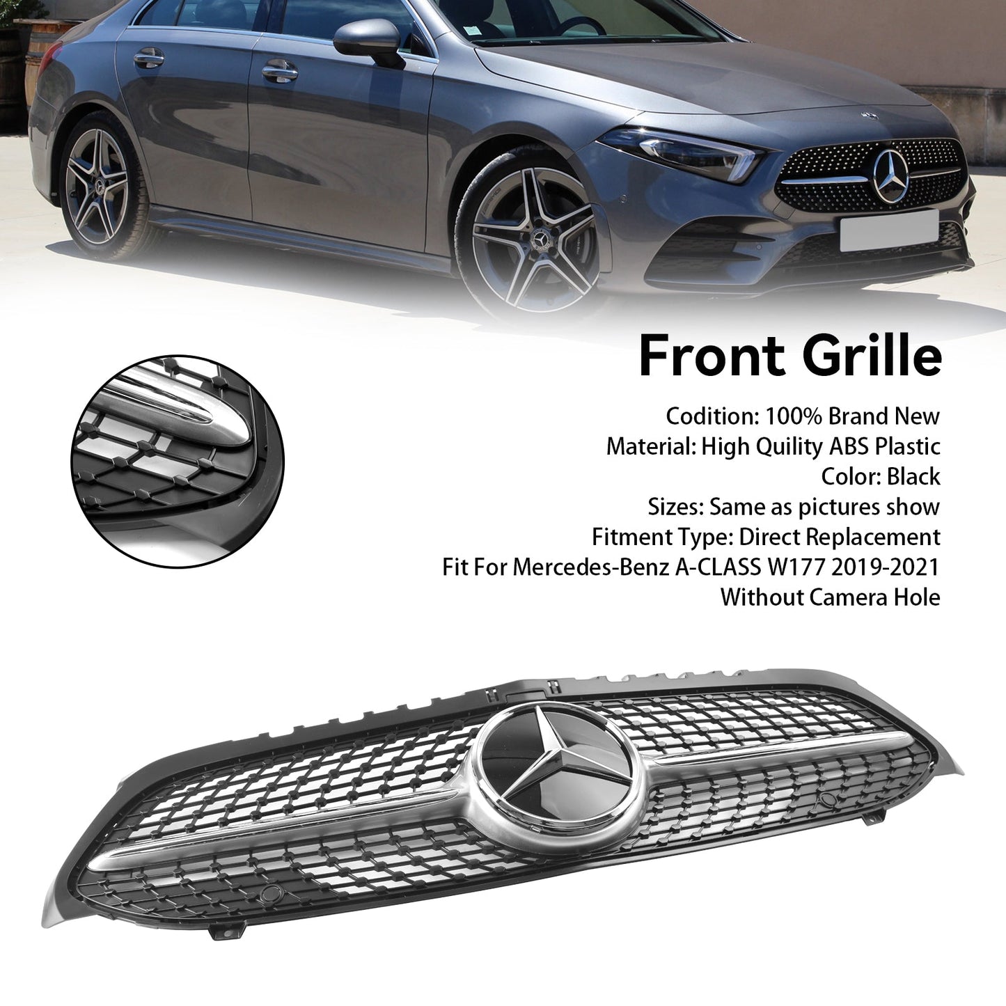 2019-2023 Benz A-Class W177 Diamond Front Bumper Grill Grille Black