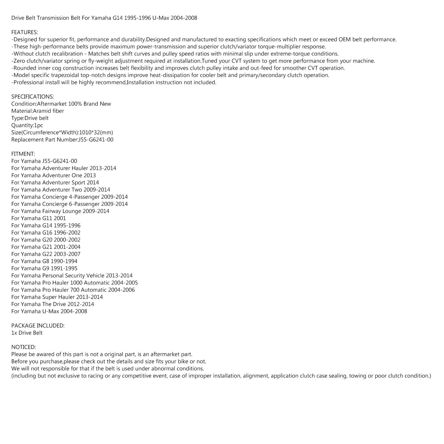 Drive Belt J55-G6241-00 for Yamaha G11 G14 G16 G20 G21 Adventurer Hauler 2013