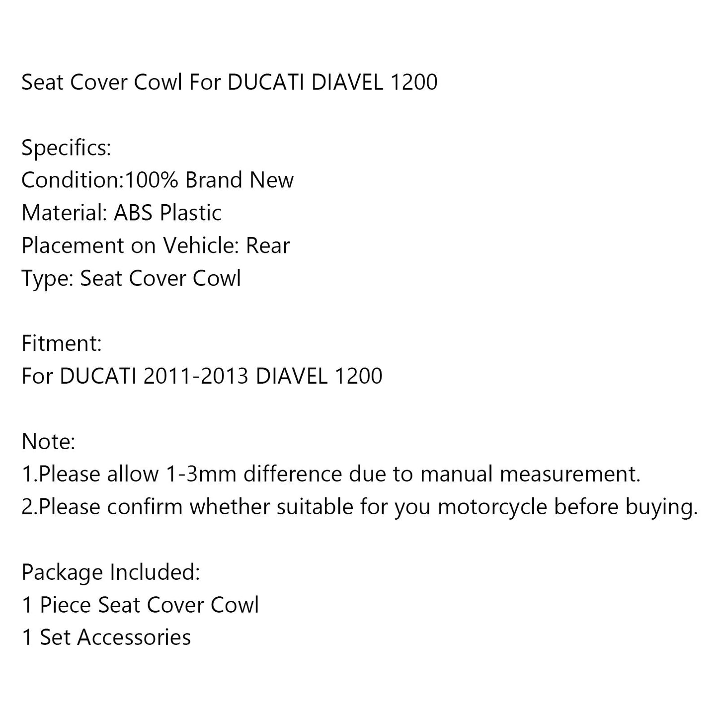 2011-2013 DUCATI DIAVEL 1200 Motorcycle Rear Seat Solo Cowl Fairing Covee
