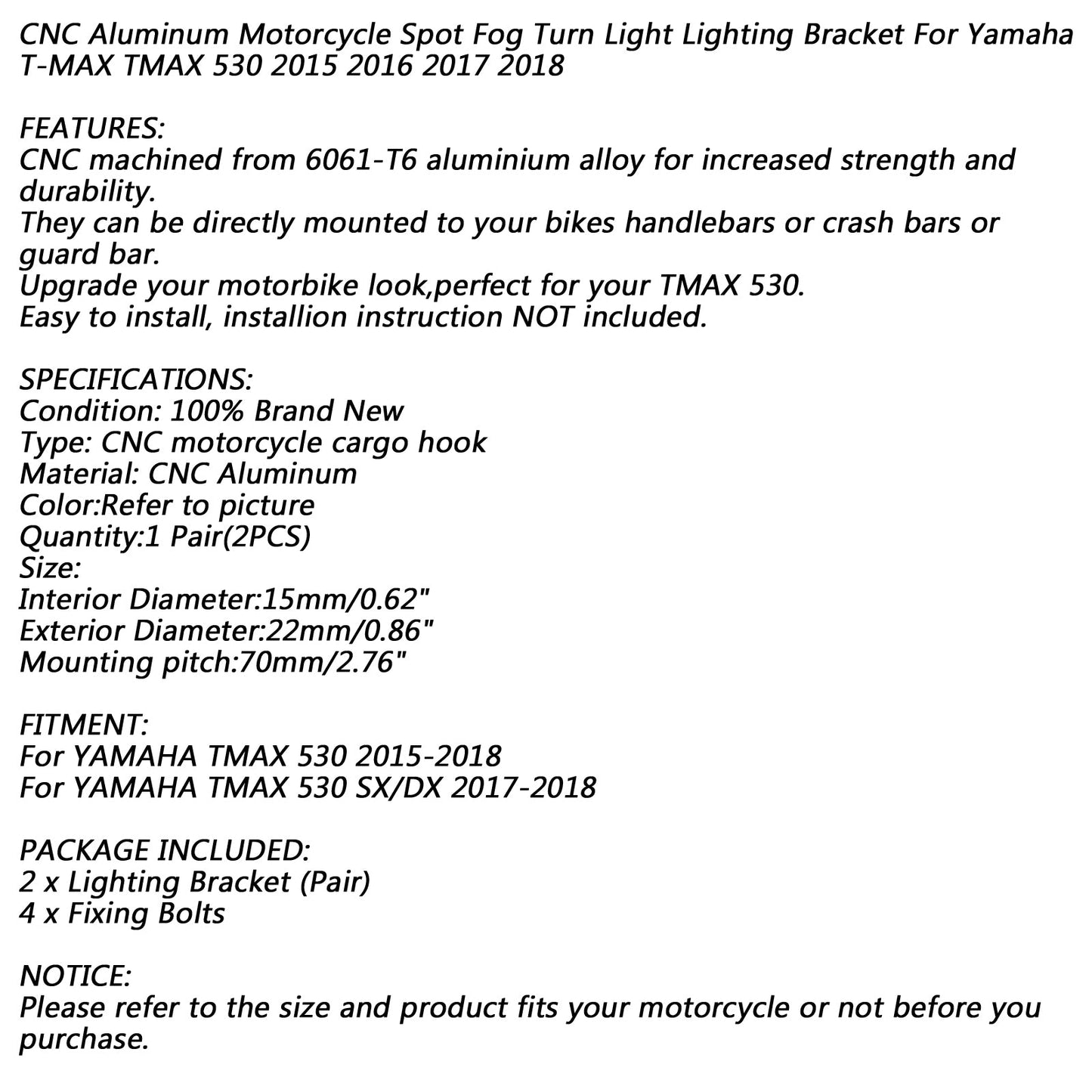 Auxiliary Spotlight Fog Turn Light Bracket For Yamaha TMAX 530 SX DX 2015-2018 Generic
