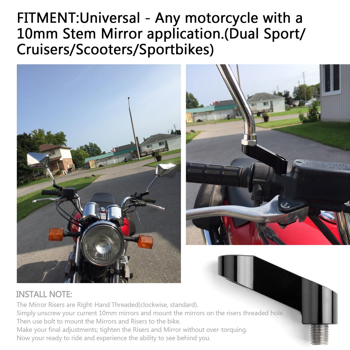 10mm Pair ALU Motorcycle Mirror Extenders-Riser-Extension Black Fit for Honda