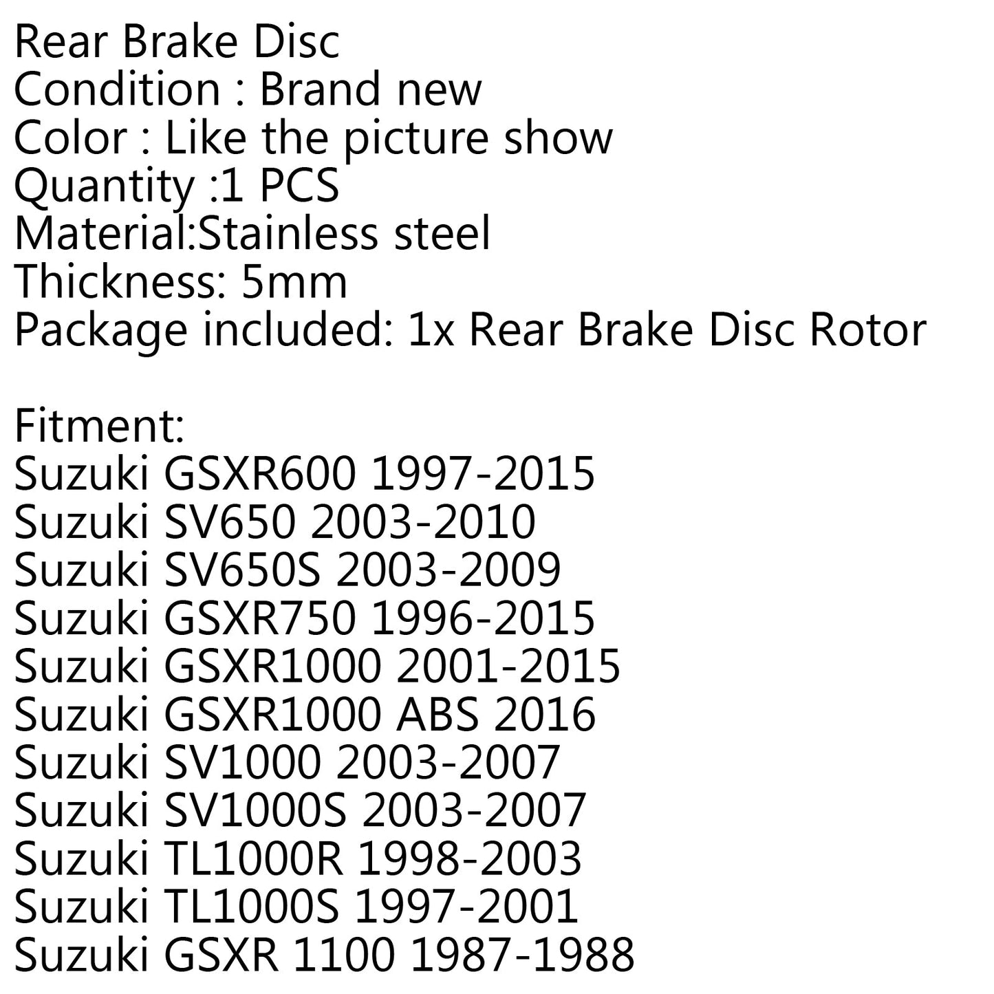 Rear Brake Rotor Disc Fit for Suzuki GSXR 600 750 1000 96-15 SV 650 1000 S 03-10