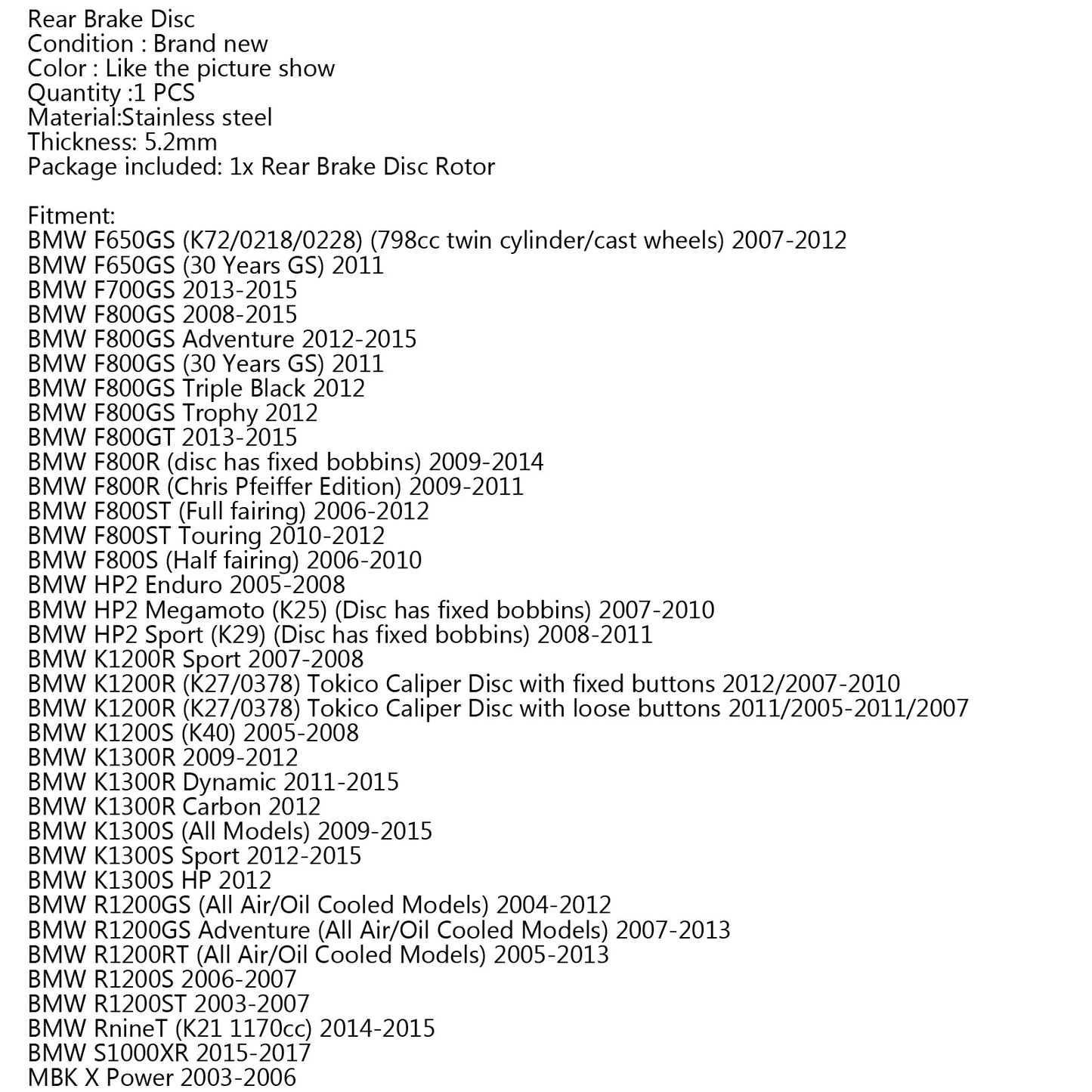 Rear Brake Rotor Disc Fit for BMW F650 / F800 / K1200 / K1300 / R1200 / S1000X