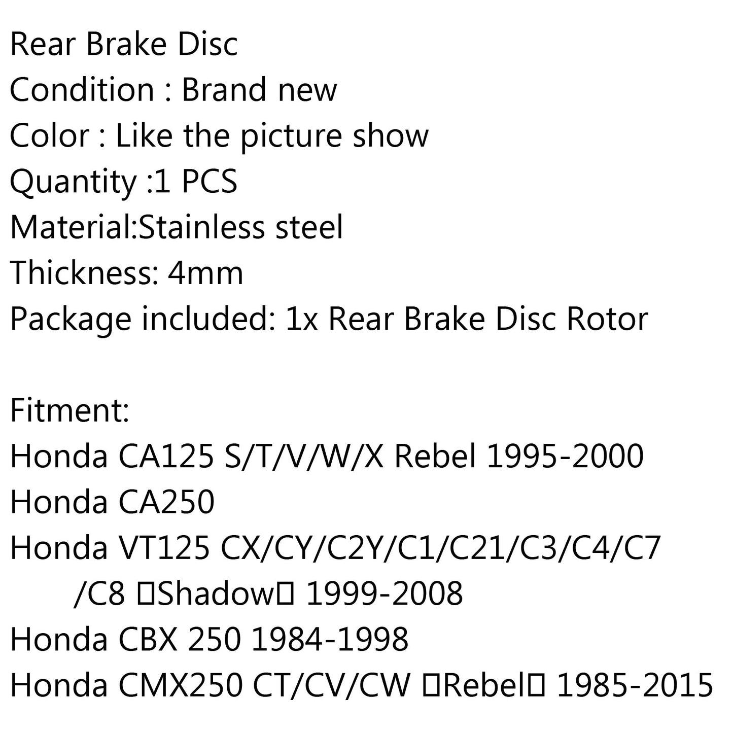 Rear Brake Rotor Disc Fit for Honda CA125 Rebel CMX250C Shadow VT125C 85-15