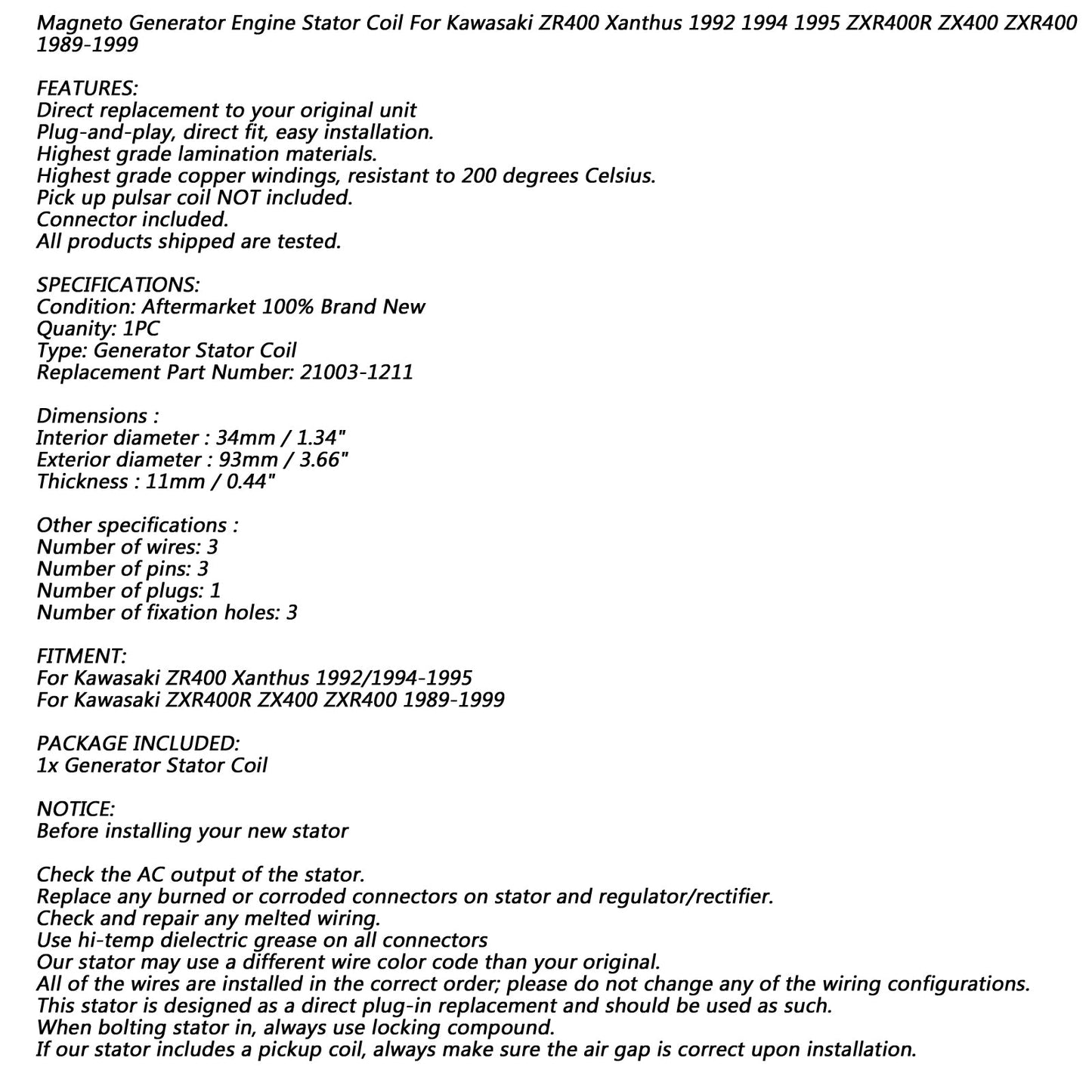 Alternator Stator Coil For Kawasaki ZXR400R ZX400 ZXR400 ZR400 89-99 21003-1211