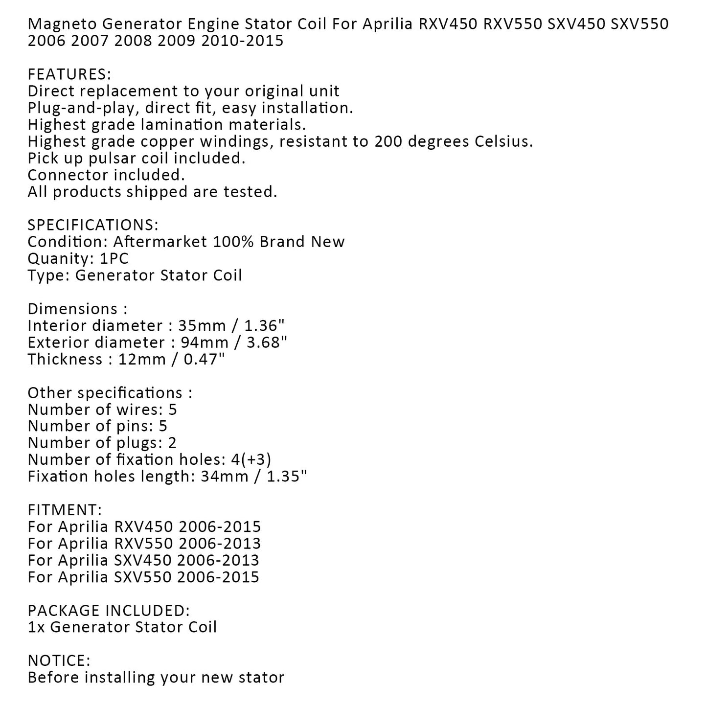 Stator Generator Fit for Aprilia RXV450 RXV550 SXV450 SXV550 MXV450 2006-2011
