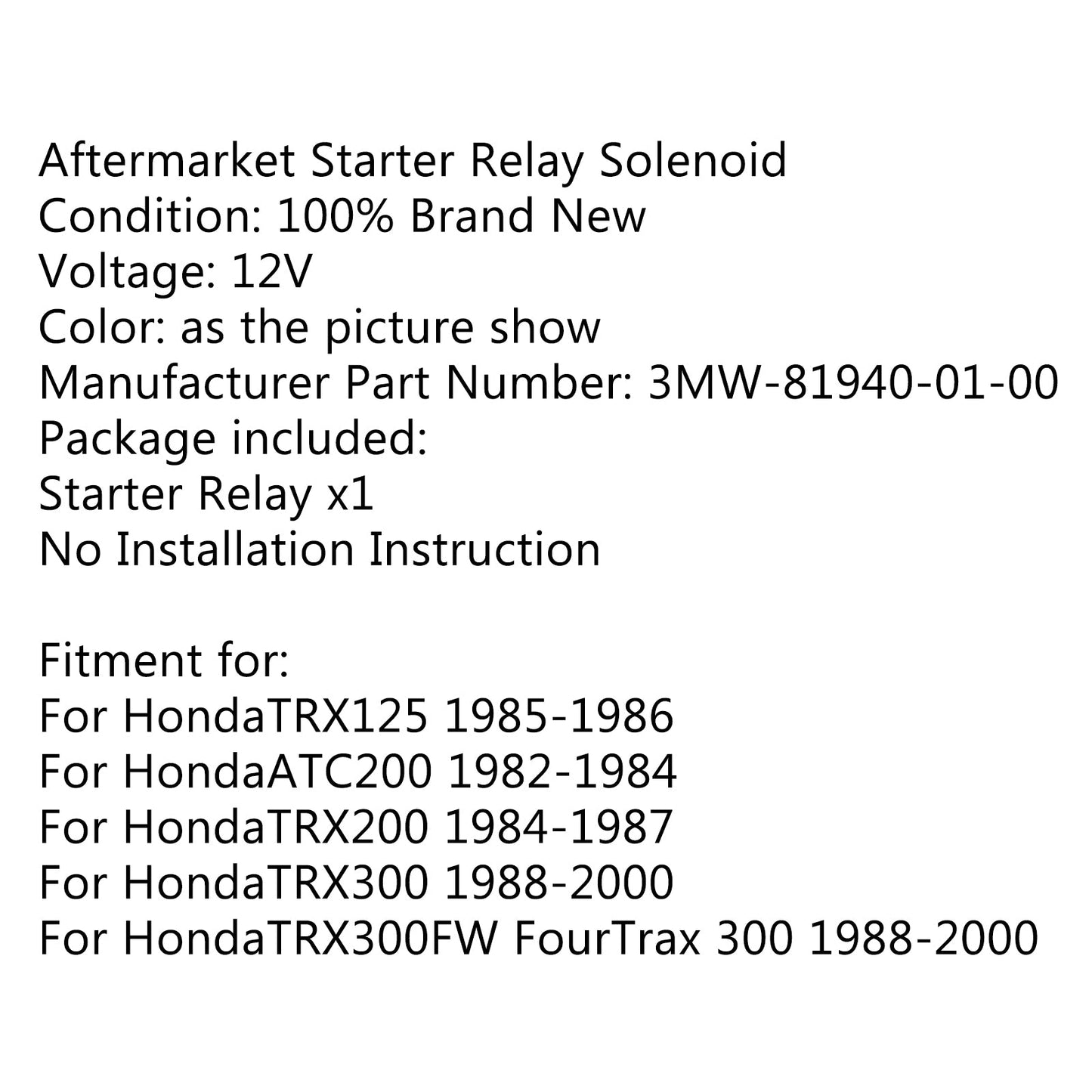 Starter Solenoid Relay For Honda ATV FourTrax 300 2x4/4x4 1988-00 35850-HC4-000