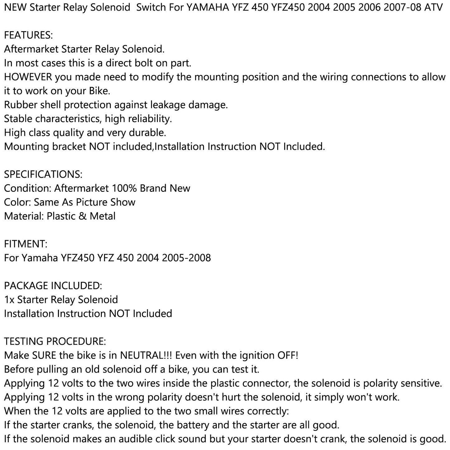Starter Relay Solenoid For YAMAHA YFZ 450 YFZ450 2004 2005 2006 2007-08 ATV NEW